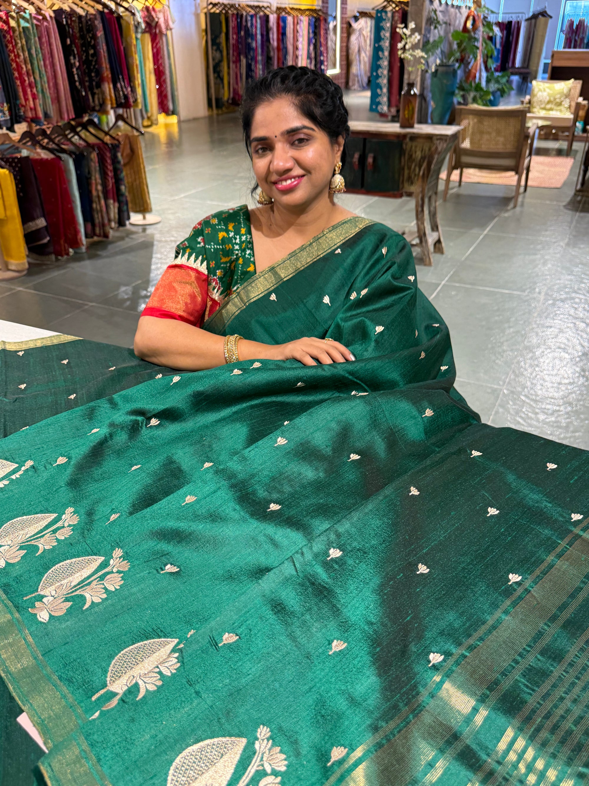 Bottle Green Pure Handloom Raw Silk Saree