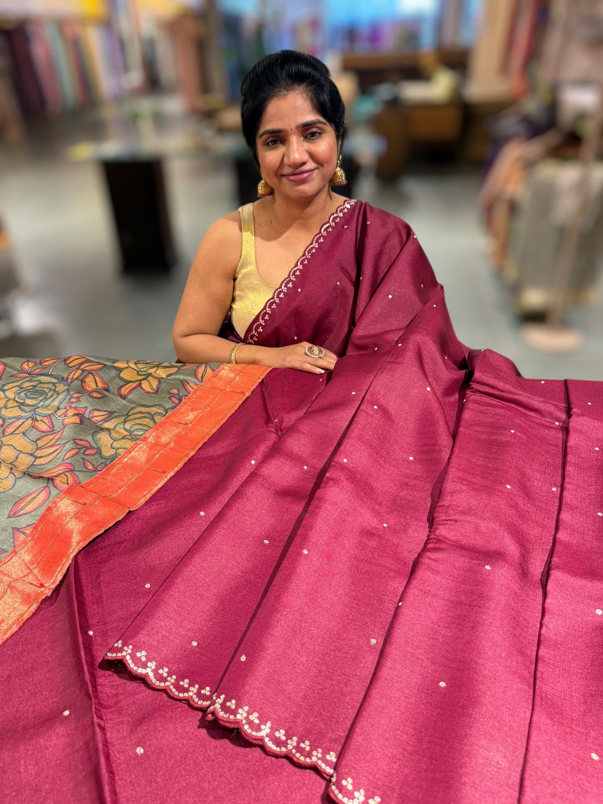 Burgundy Tussar with fusion blouse