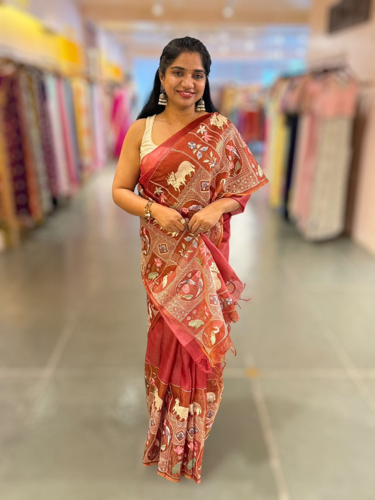 Rust Red/ Brick Red Kora-Tussar blend Handloom Saree with Tissue embroidered Skirt Border