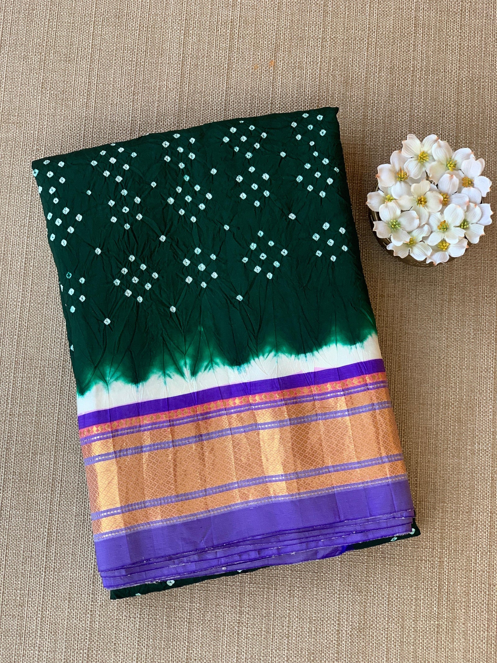 Forest Green Pure handloom Bandhini paithani saree