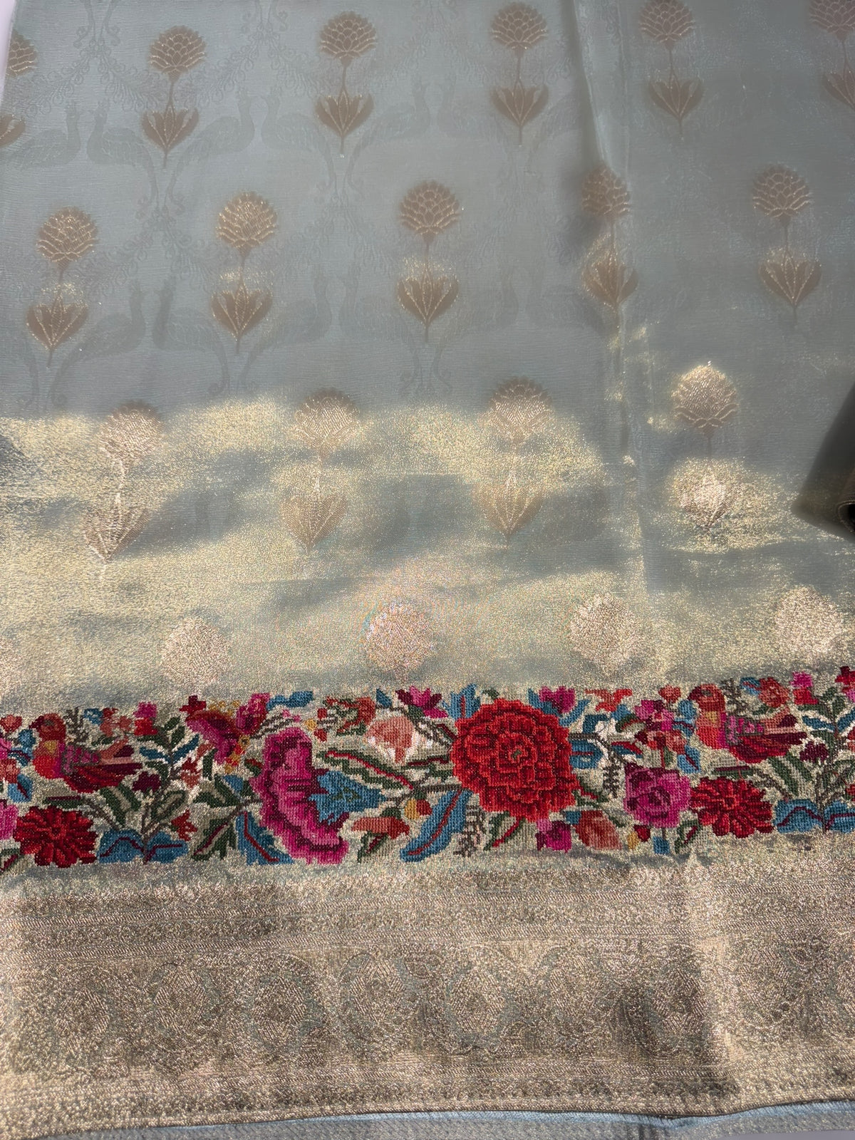 Mint Blue Banarasi Tissue with embroidered border