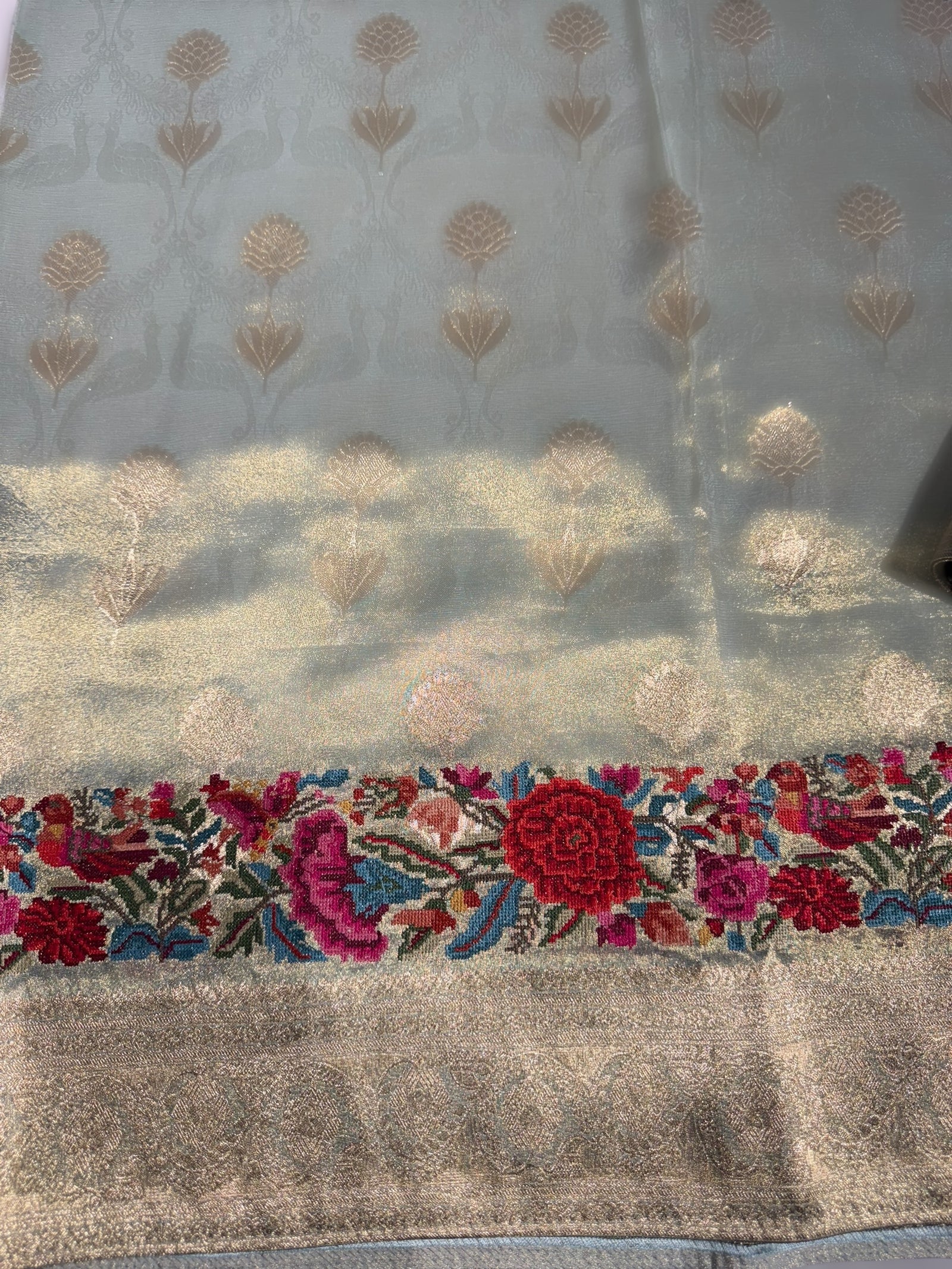 Mint Blue Banarasi Tissue with embroidered border