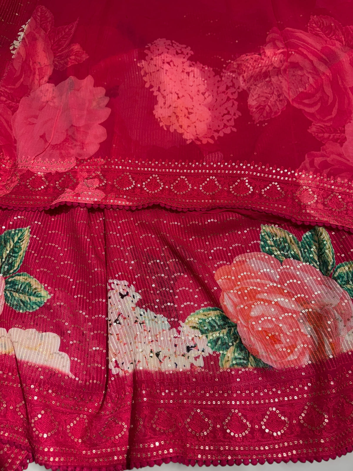 Reddish Pink georgette sequence saree with statement floral print