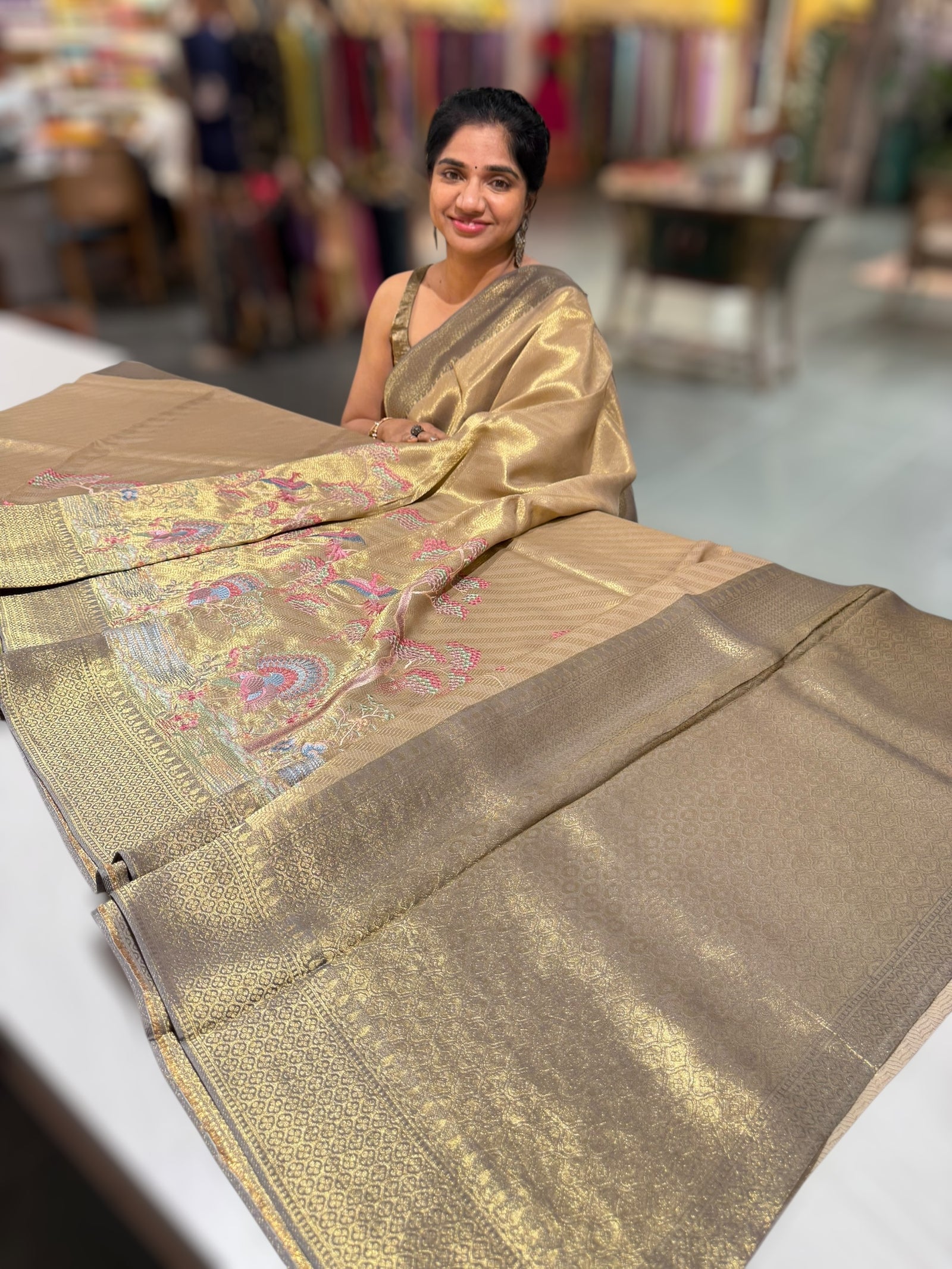 Antique Banarasi Tonchoi Brocade Saree with Parsi Gara style embroidery