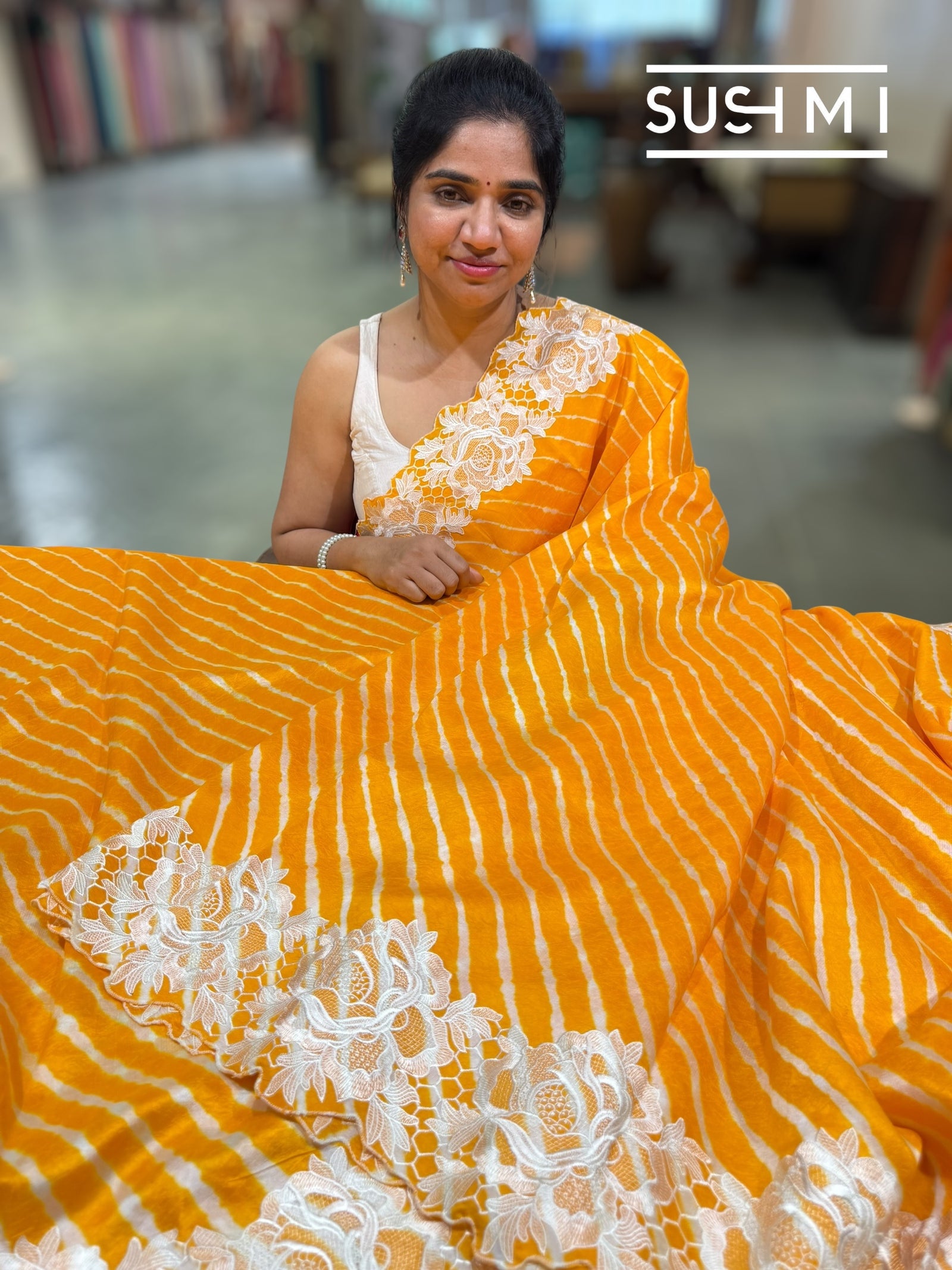 Marigold Orange  habutai  Silk lehariya Saree S62F067
