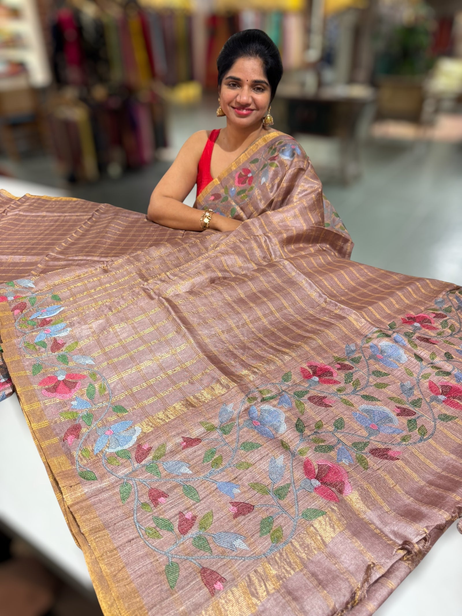Mauve Brown pure handloom Tussar Vintage Checks Saree with Jamdani inspired embroidered border