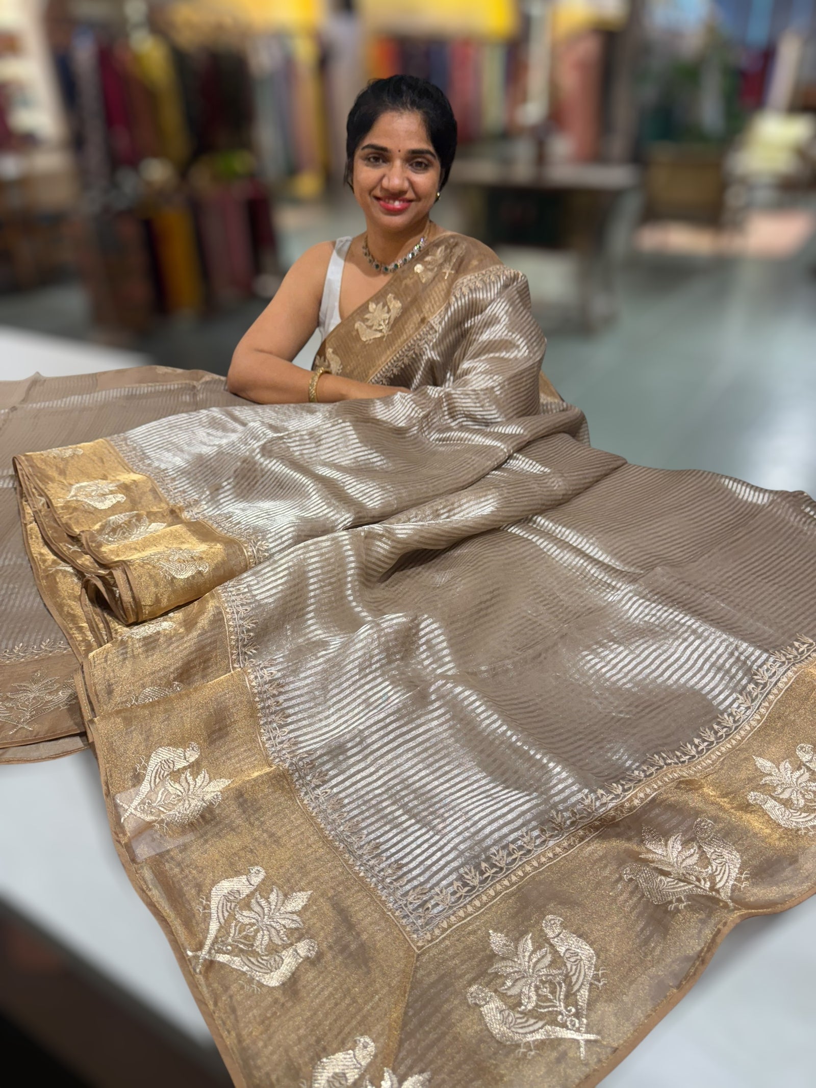 EarthyTone Kora tissue silver stripes Saree with double parrot  embroidered tissue border