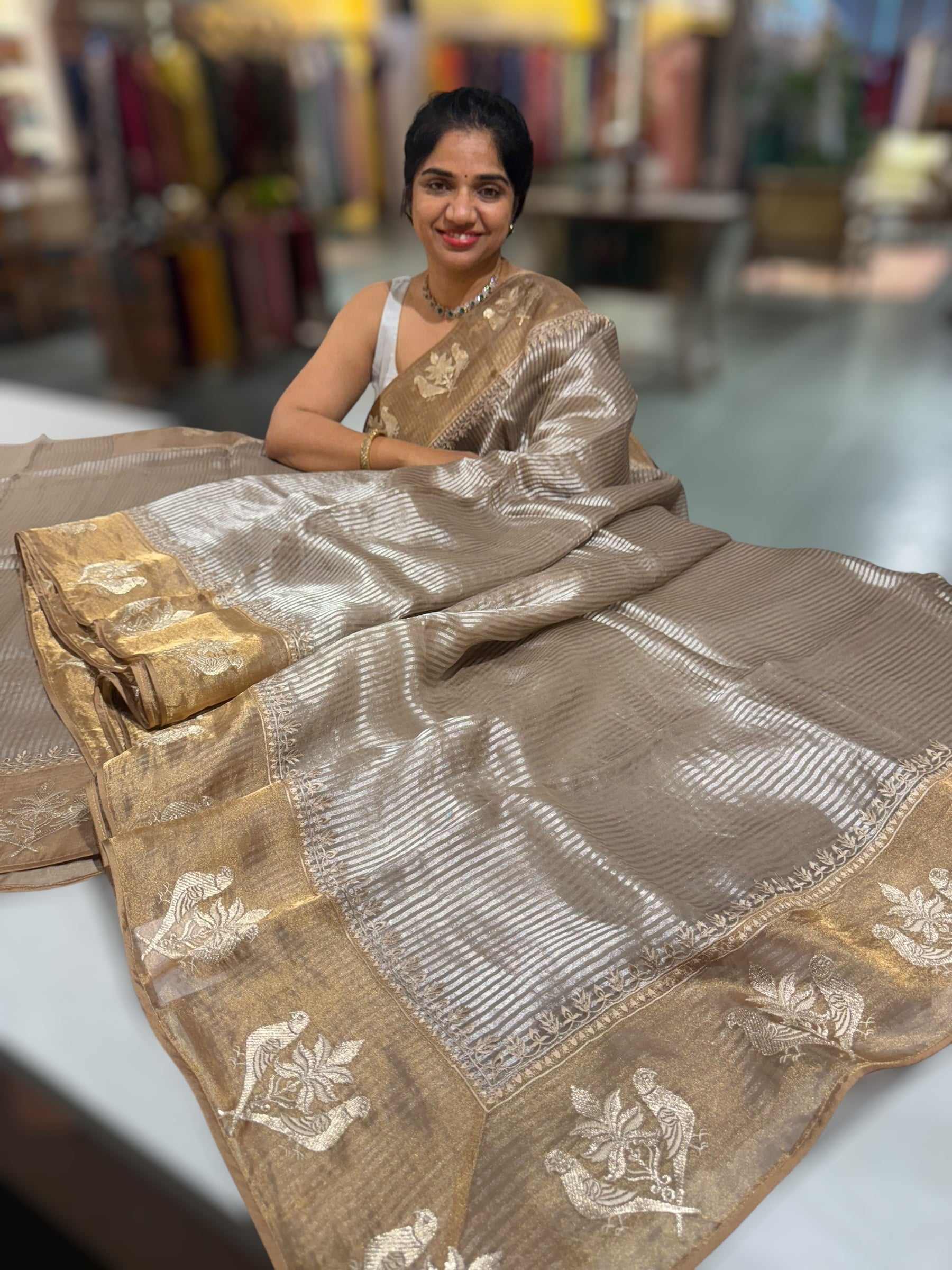 EarthyTone Kora tissue silver stripes Saree with double parrot  embroidered tissue border