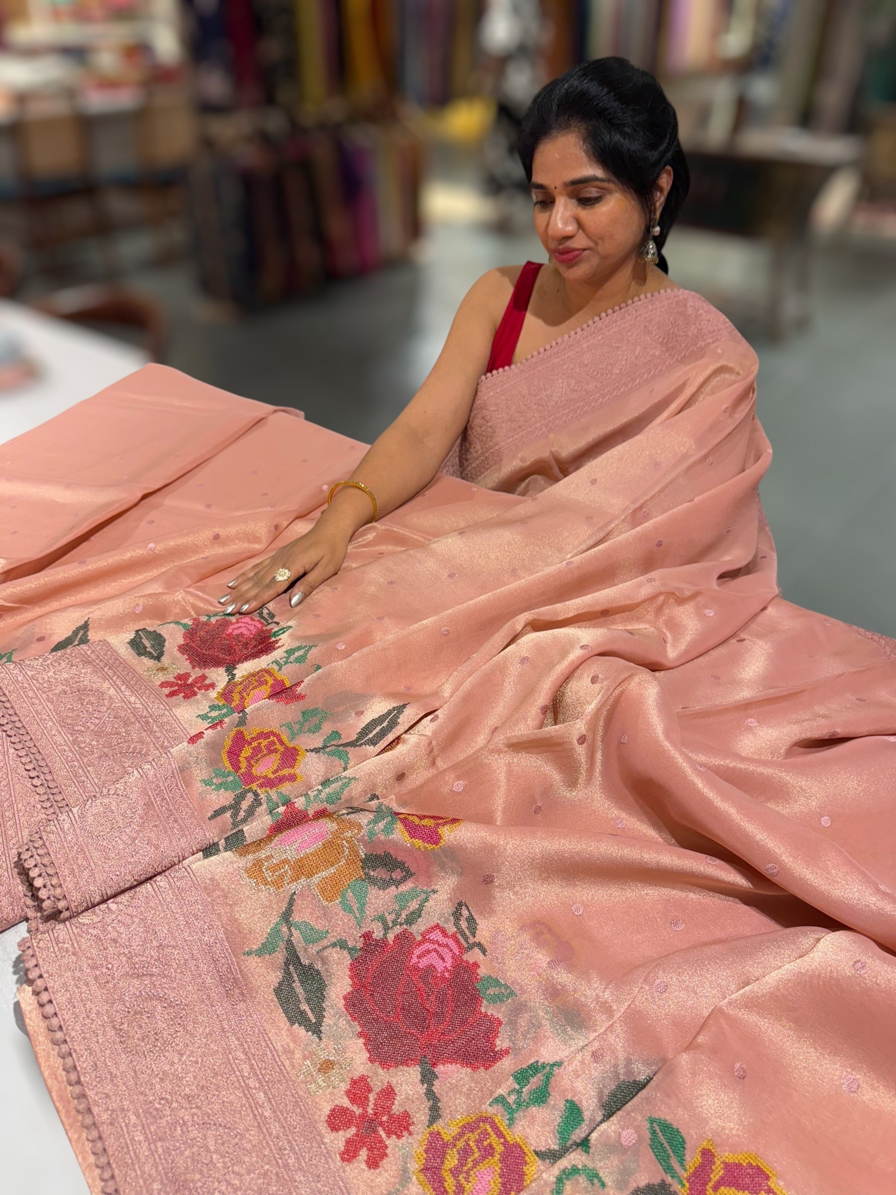 Dhaara : Peach Pink Tissue Gorgette Saree