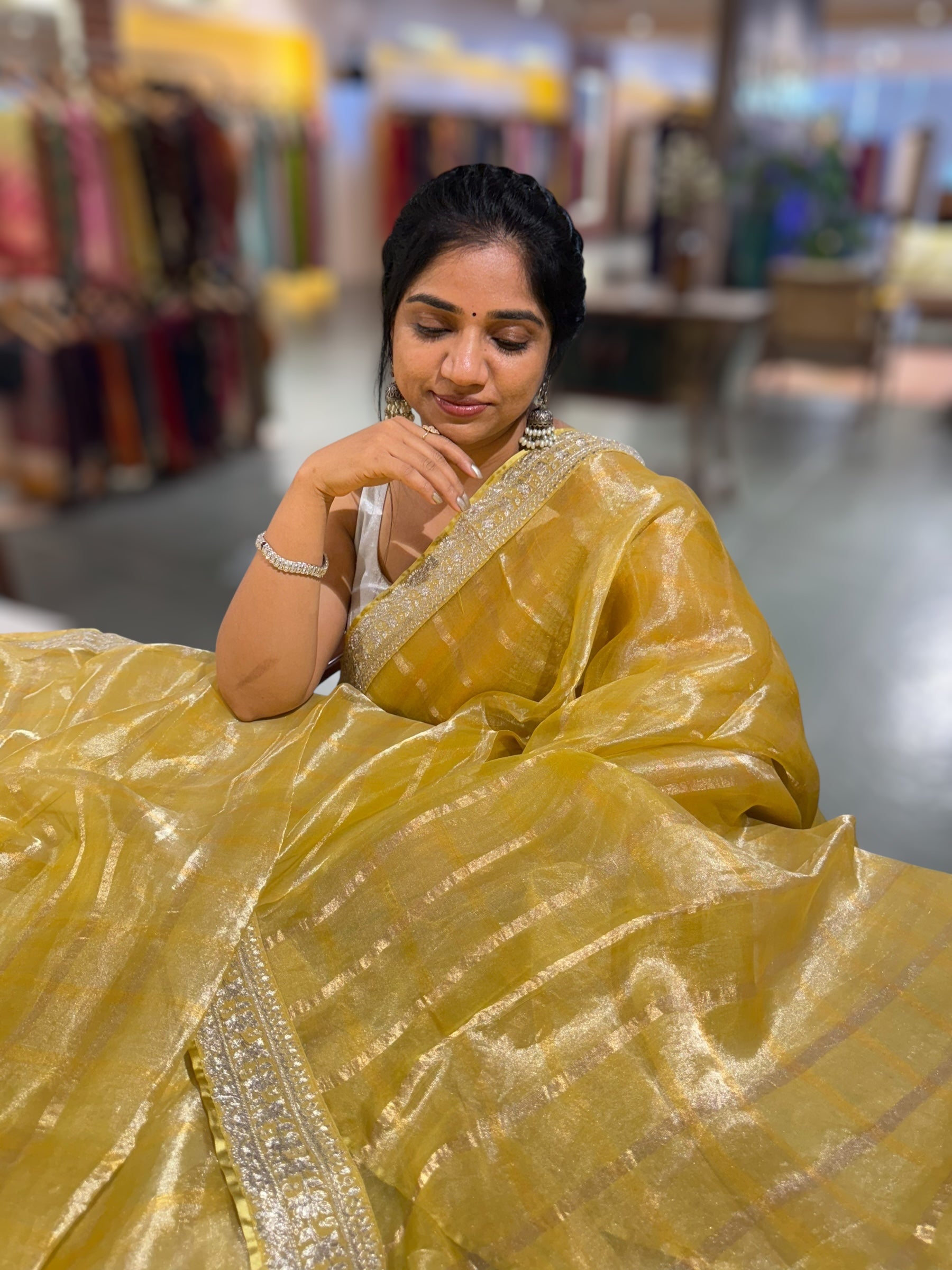 Lemon Yellow Banarasi Tissue checks Saree with Sabyasachi Borders