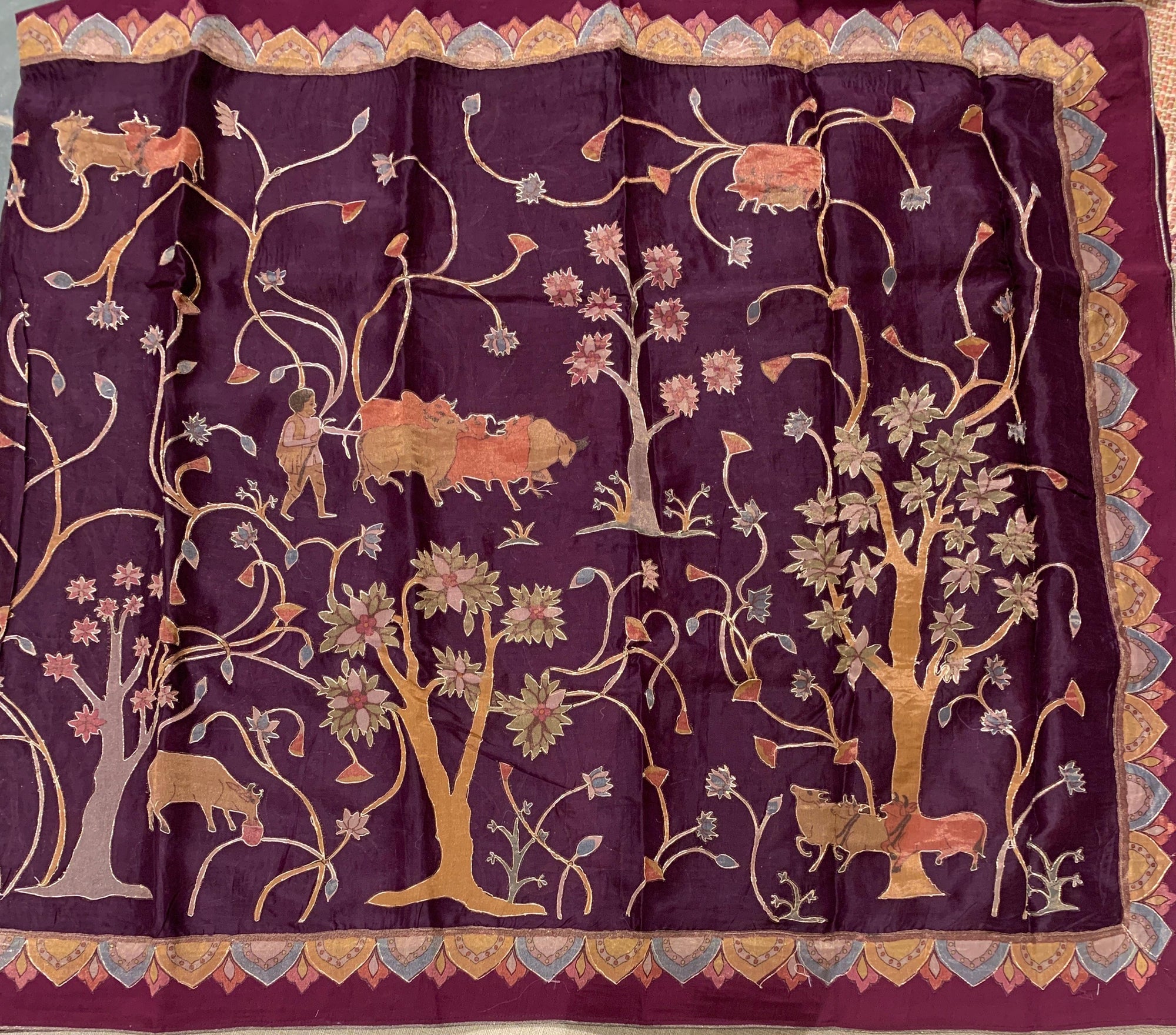 Wine Designer Organza Saree with Stunning Tissue Applique work Saree with Village theme