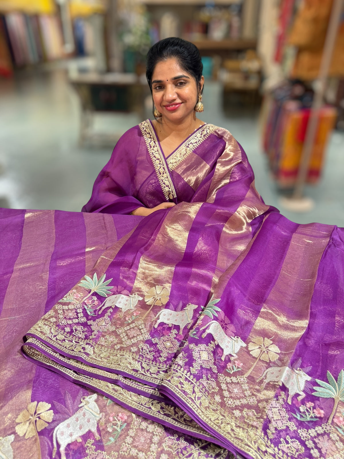 Purple Kora Tissue Stripes Saree With Jamdani  & Pichwai embroidered Border