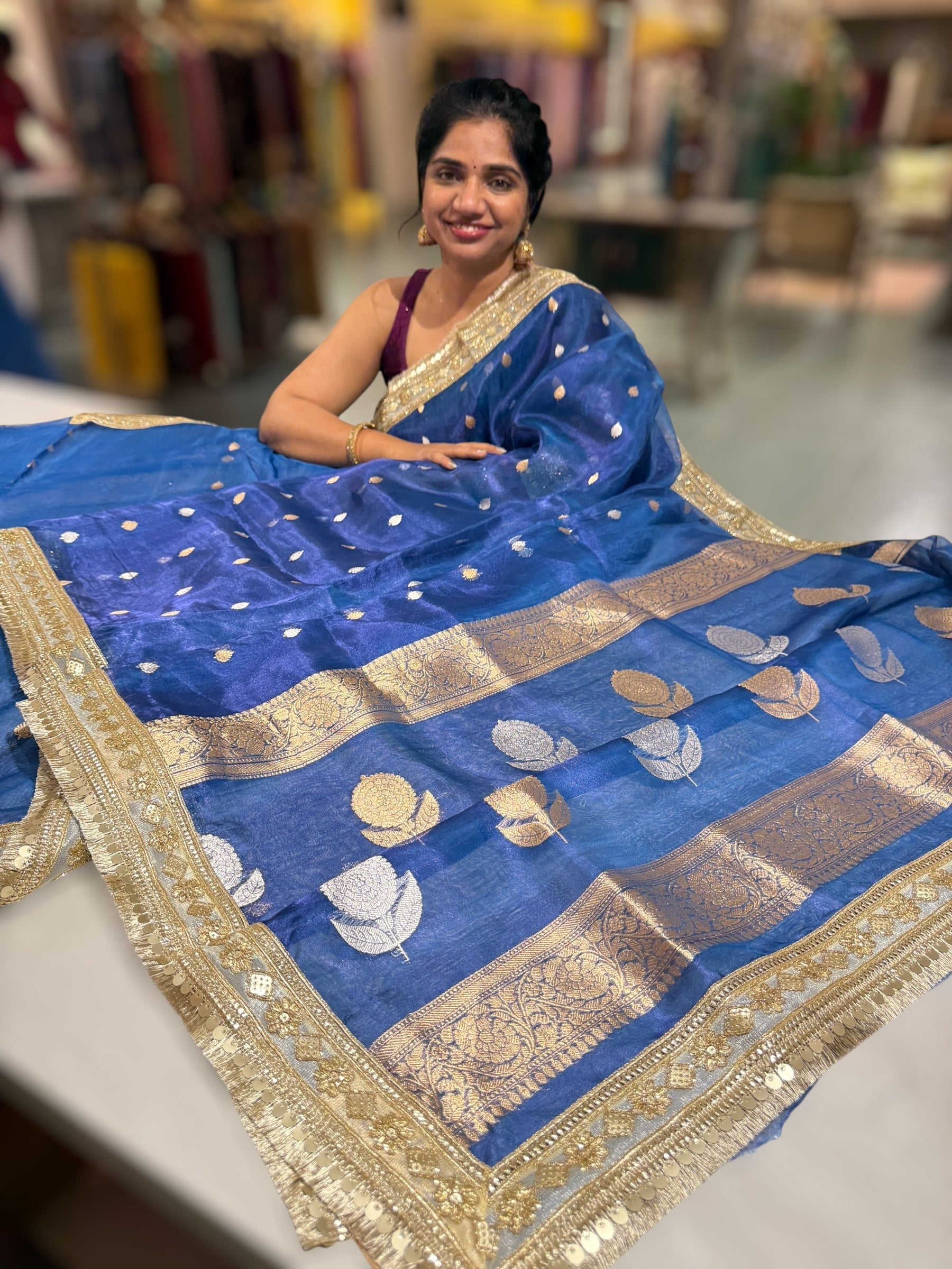 Peacock Blue Pure handloom Banarasi Tissue saree
