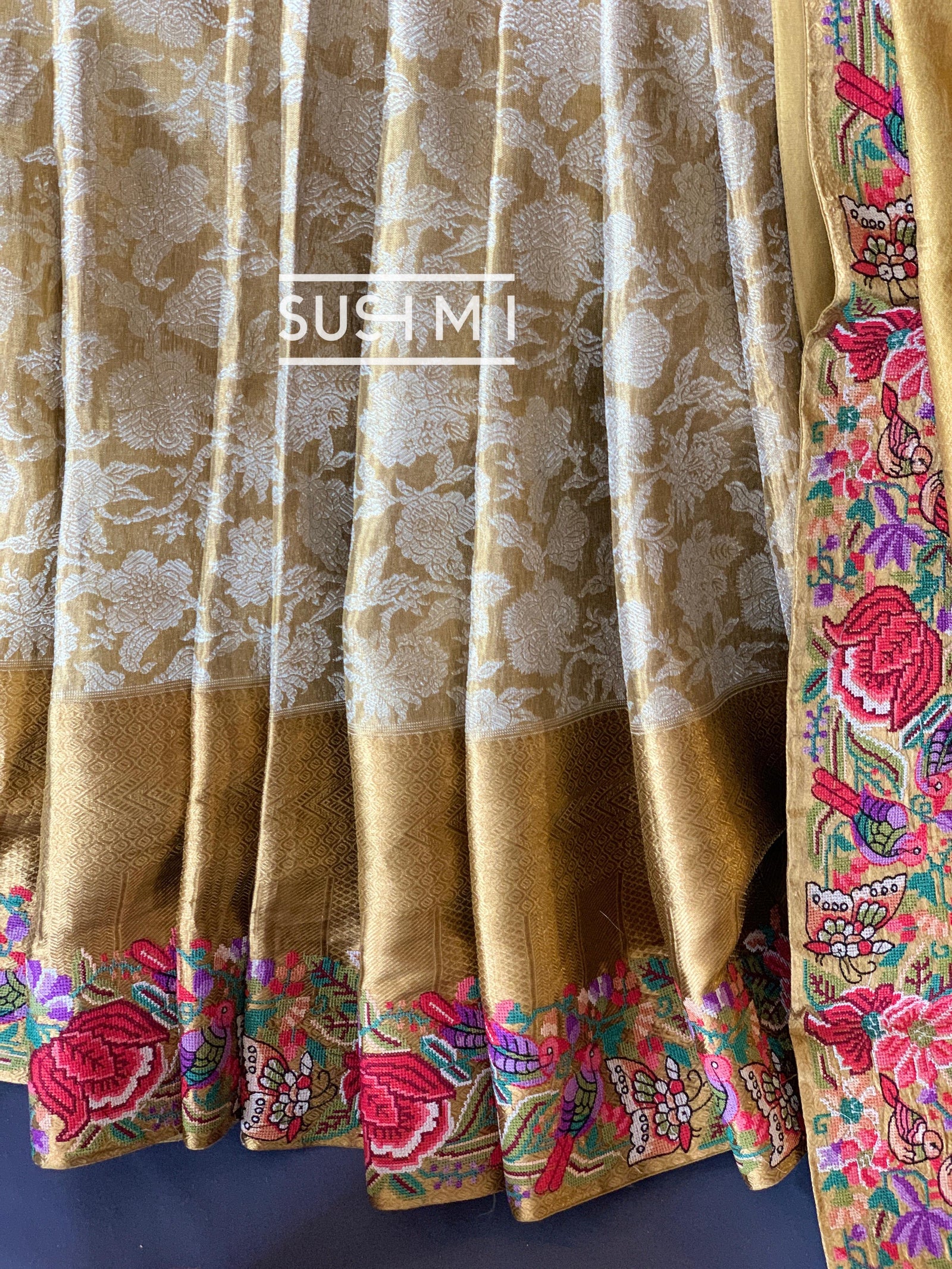 Molten Gold Kanjeevaram Tissue Sareewith petite point embroidery : S62F089