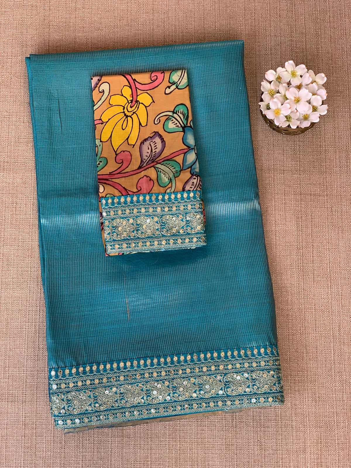 Copper sulphate kora Muslin Tissue fusion saree