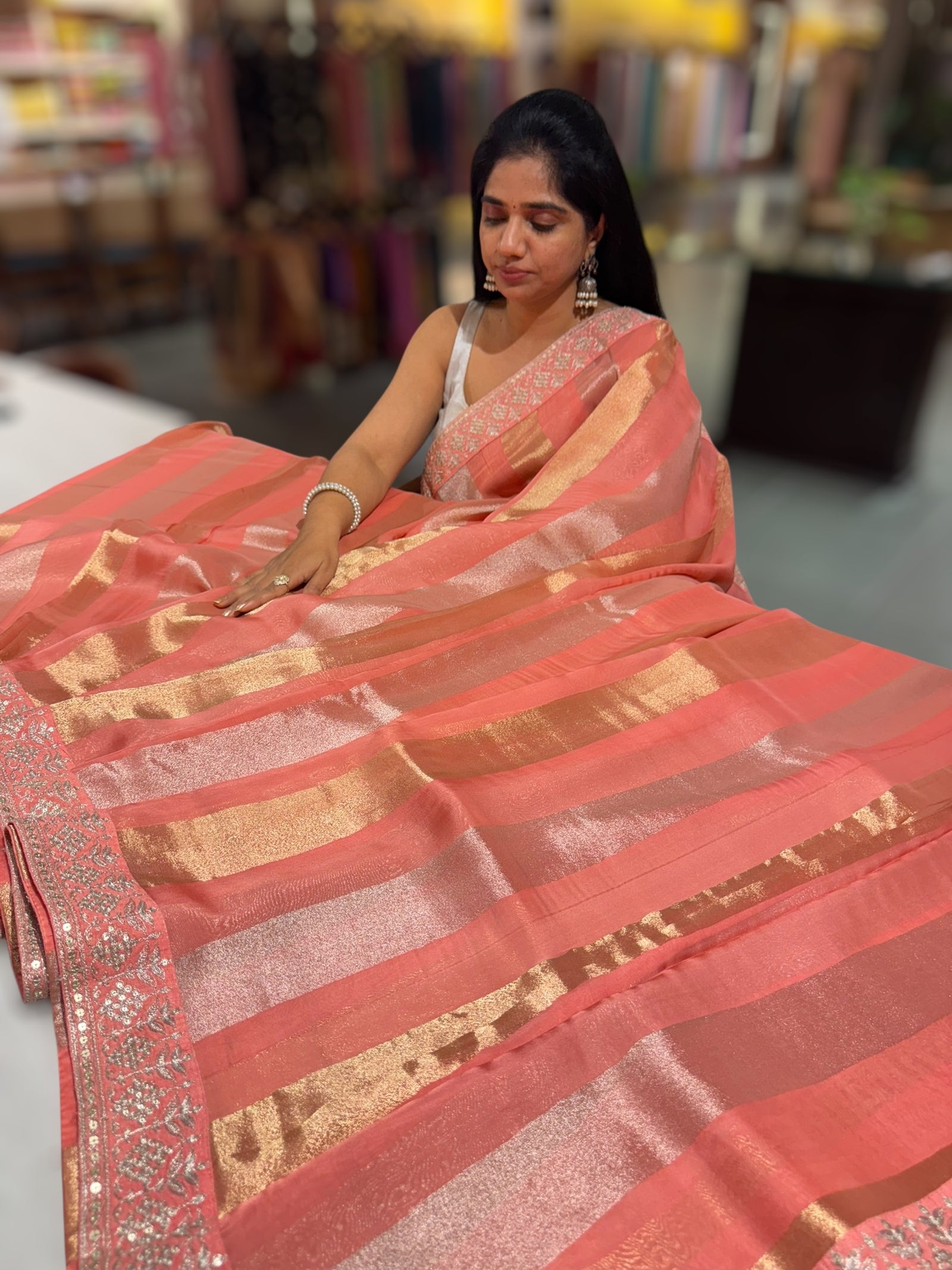 Coral kora tissue stripes saree