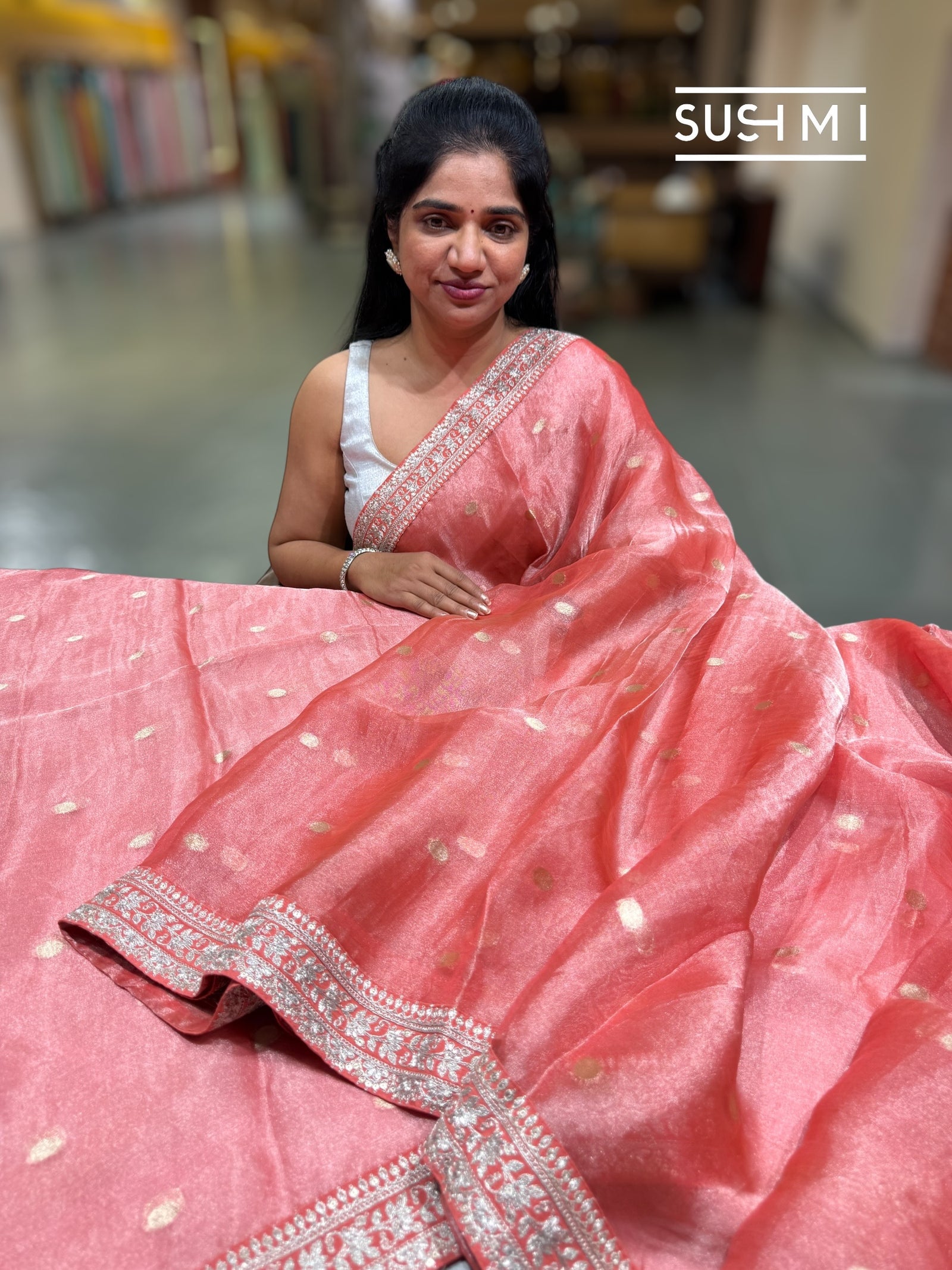 Coral Banarasi Tissue Saree : S62F223
