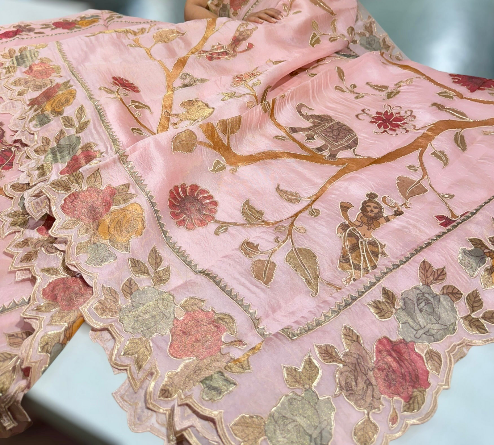 Blush Pink Pure Organza Applique Work Saree