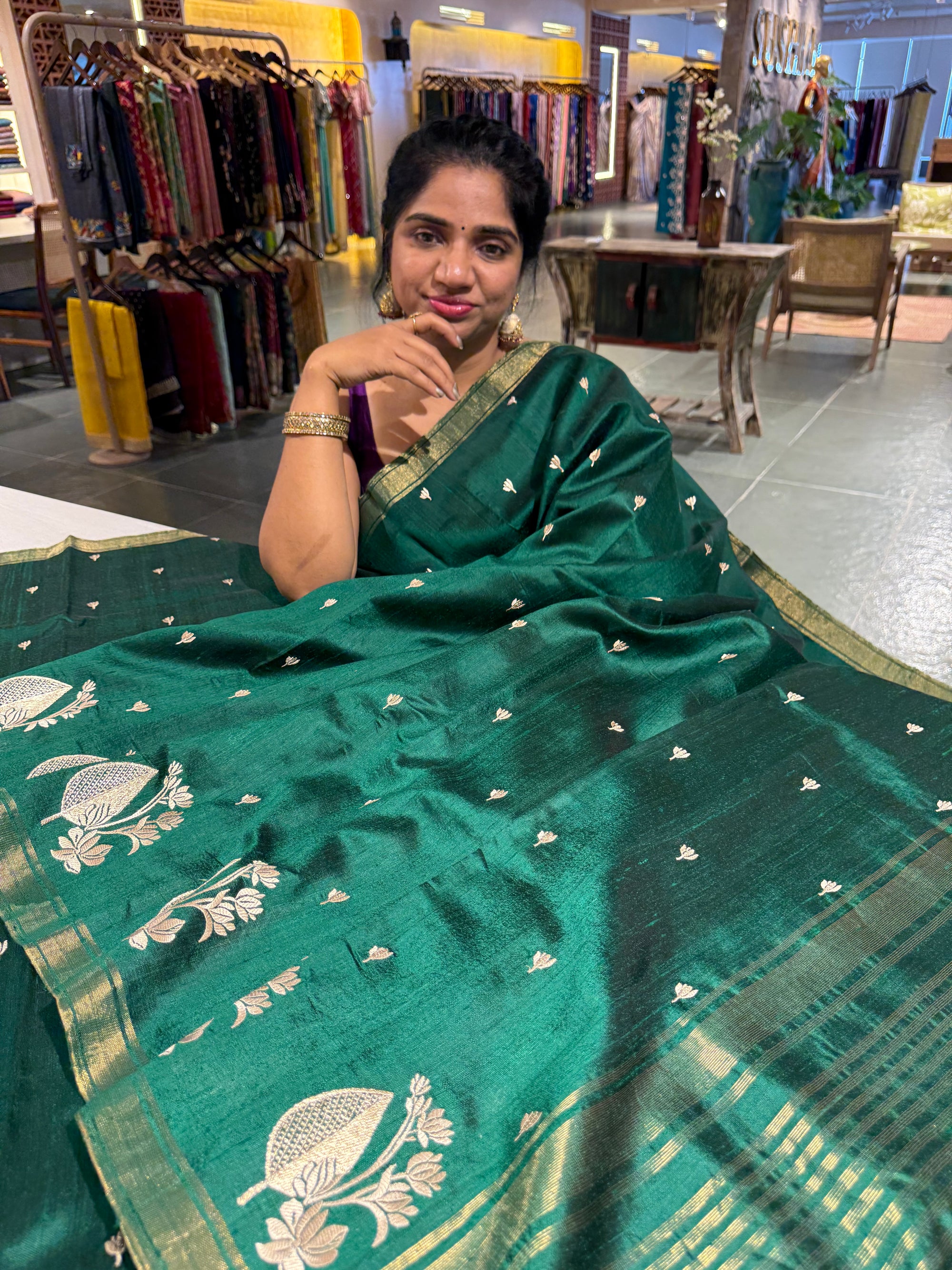 Bottle Green Pure Handloom Raw Silk Saree