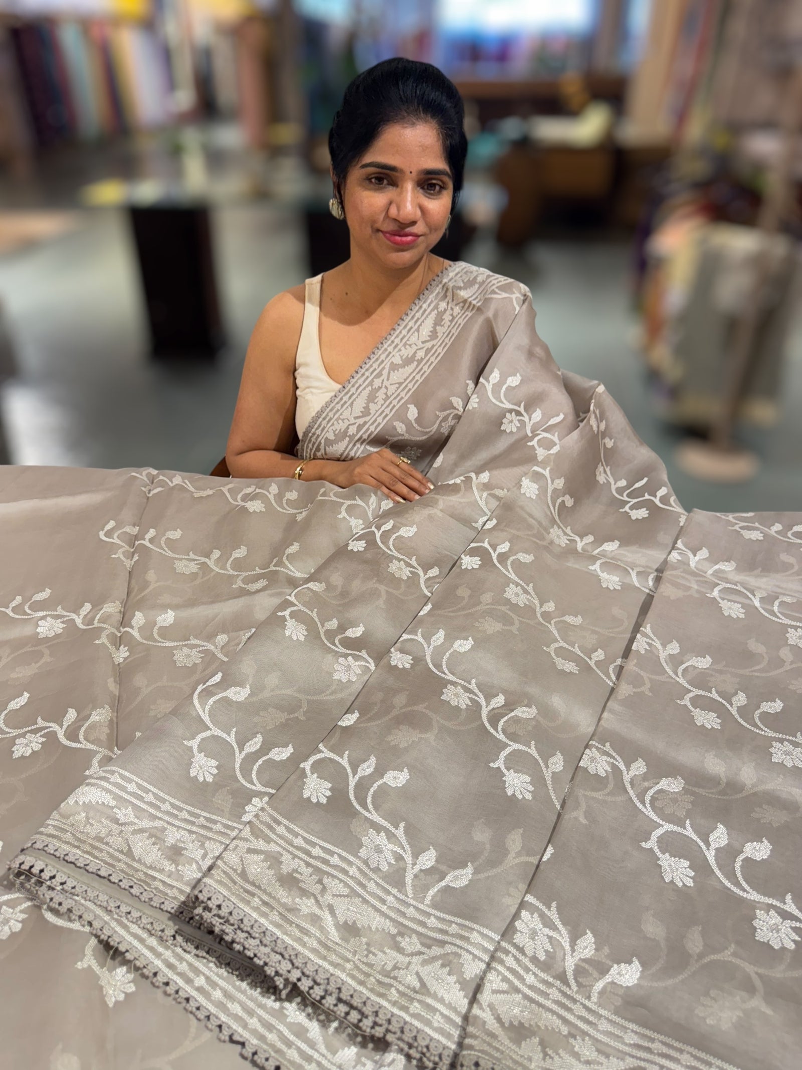 English Grey  Pure Organza with jamdani inspired embroidery