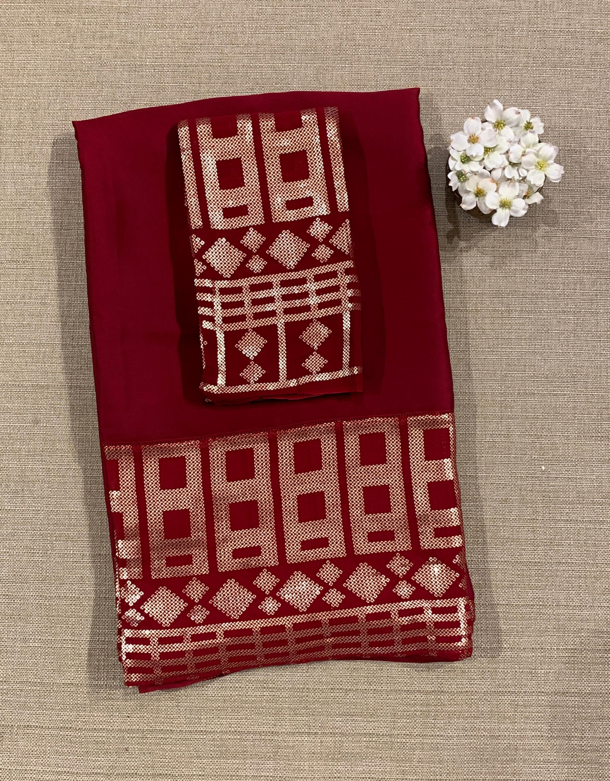 Meroonish Red pure Satin Saree with designer sequence border and blouse