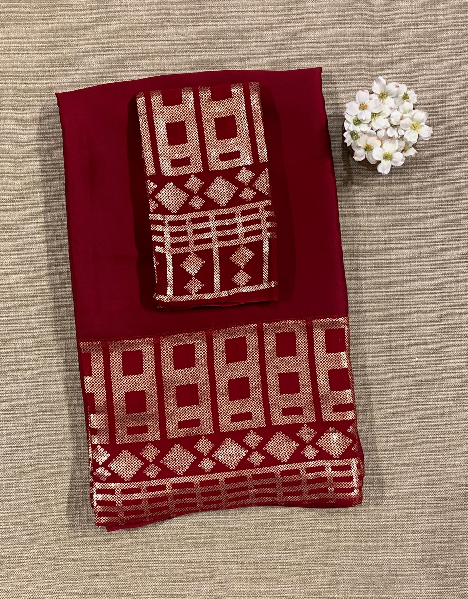 Meroonish Red pure Satin Saree with designer sequence border and blouse