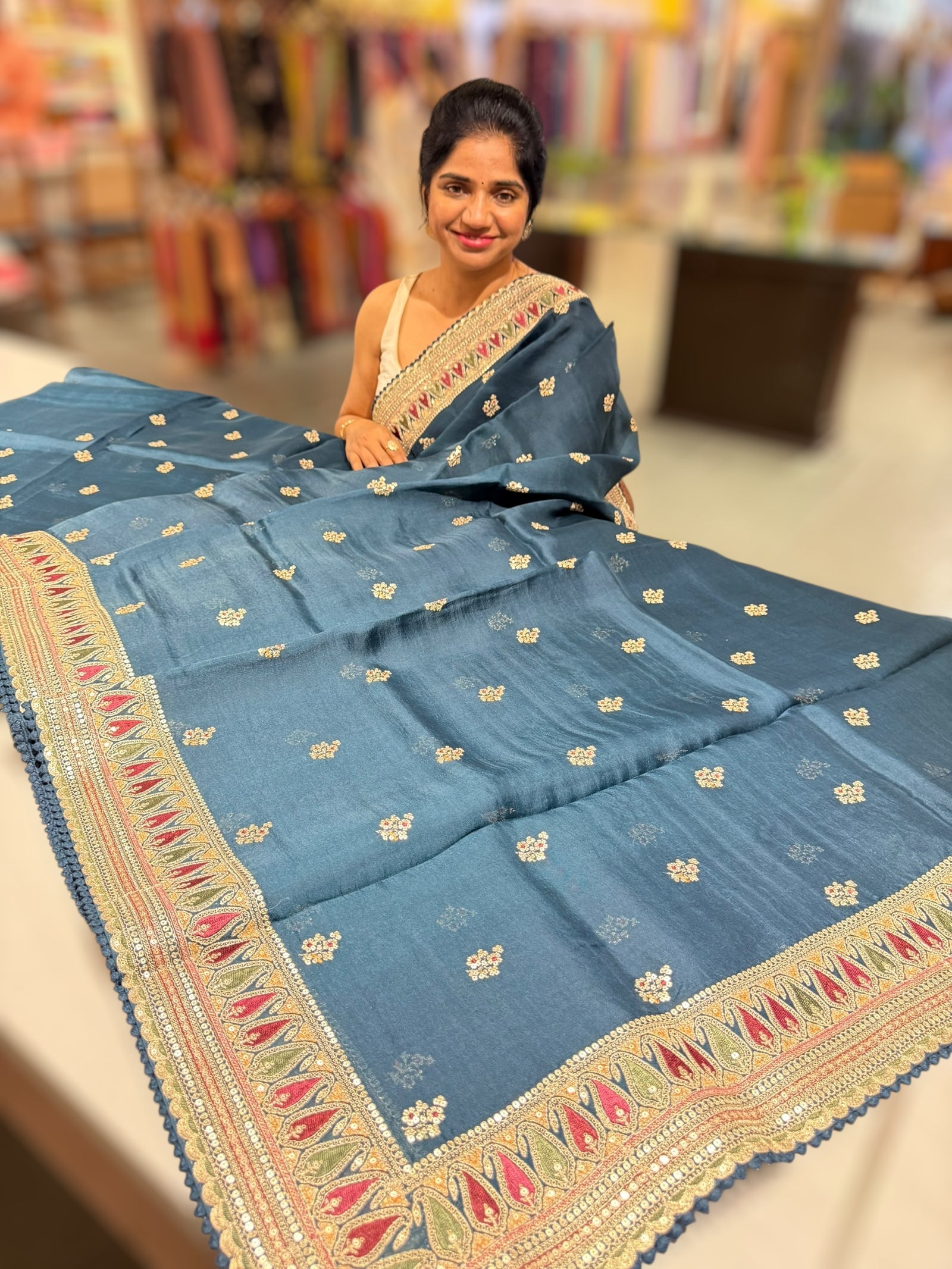 Peacock Blue sabhyasachi style Pure Organza Saree in