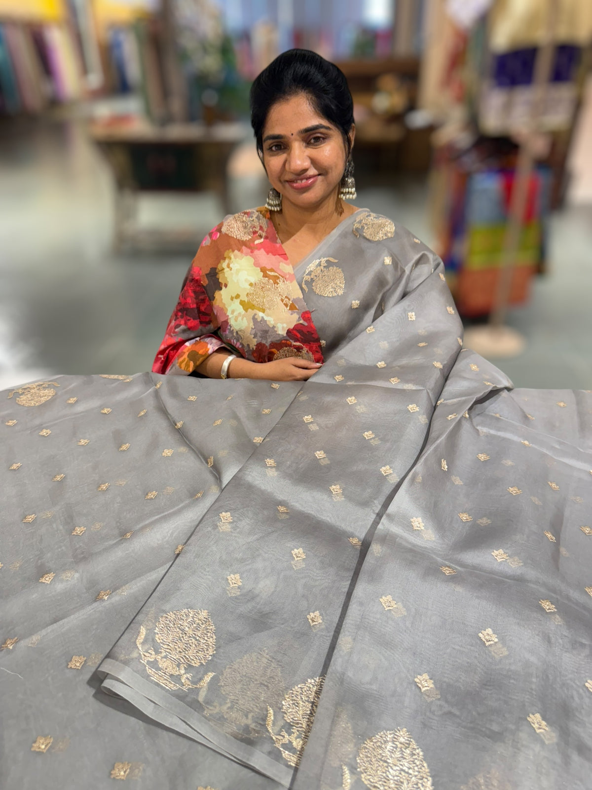 Grey Organza Saree With Embroidery &amp; Tussar Printed Blouse