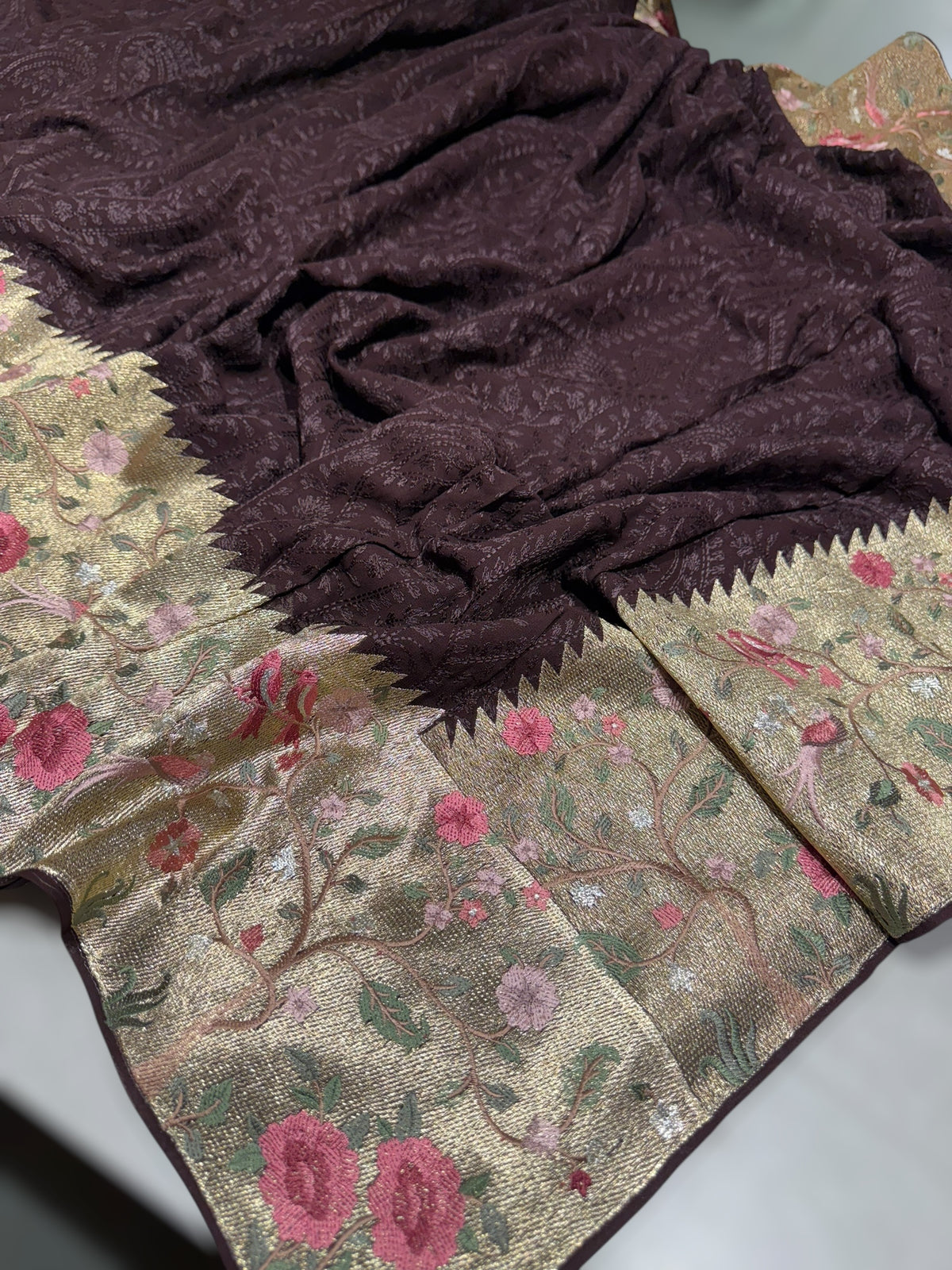 Brown Chikankari Georgette Saree with Tissue embroidered Border