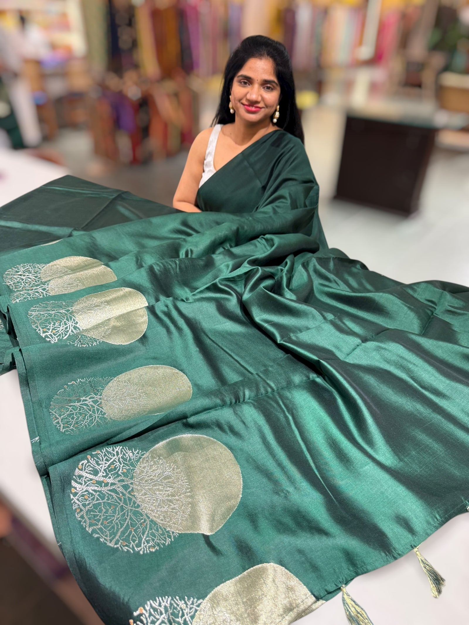 Bottle Green  Banarasi Chiniya Silk with contemporary Borders