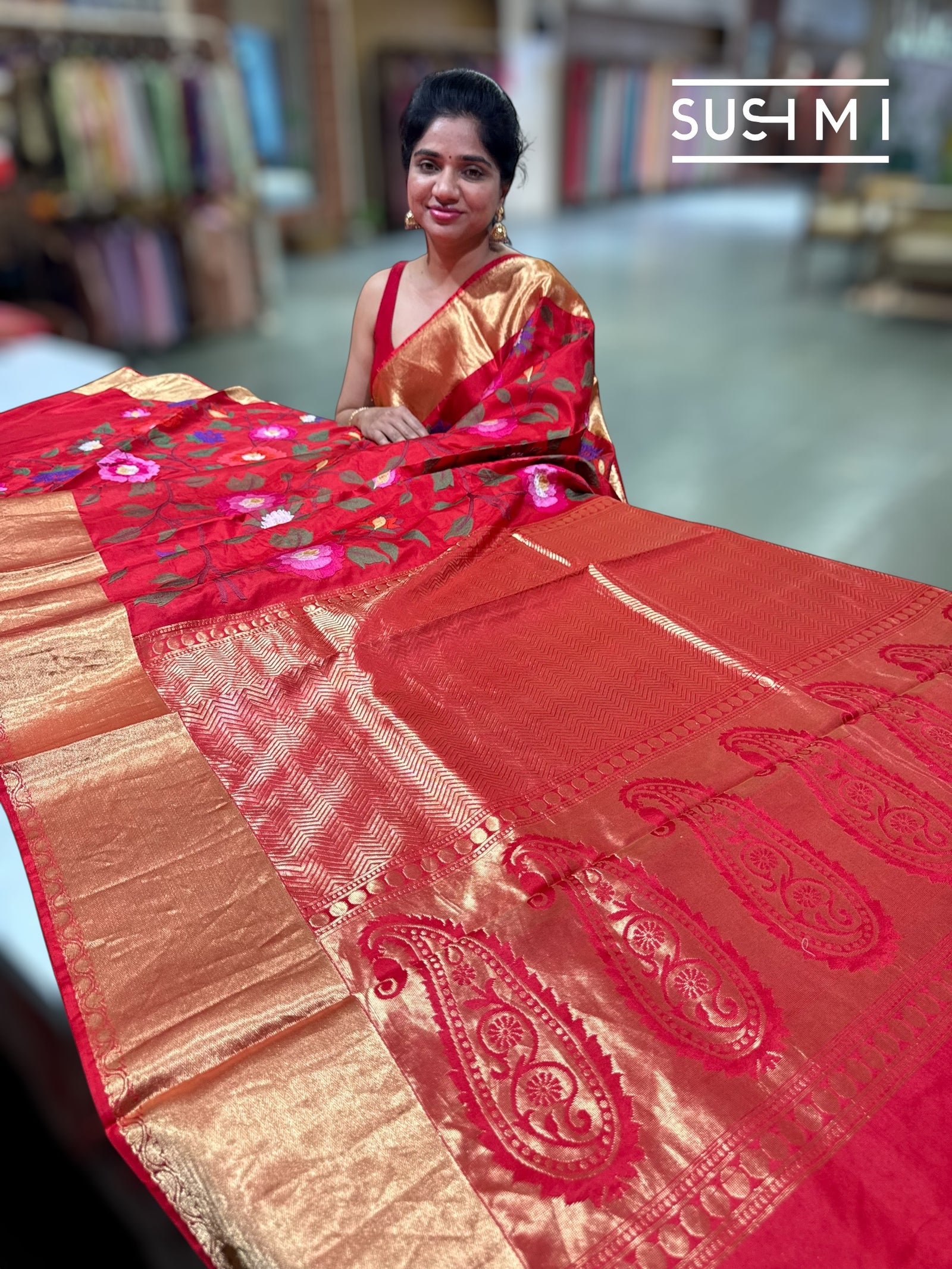 Chilli Red Kanchi Soft Silk Saree with embroidery : S62F177