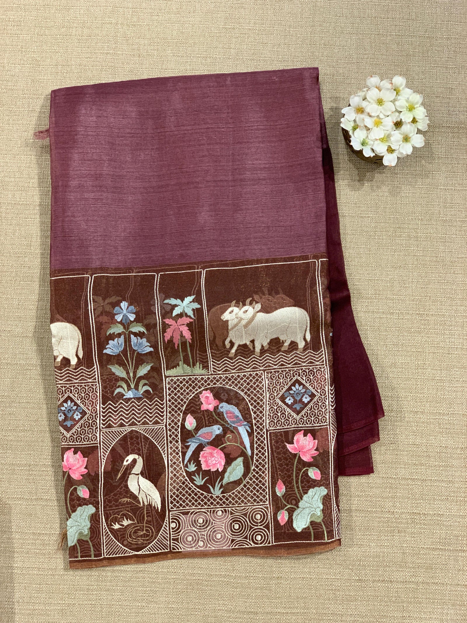 Winish Brown Kora-Tussar blend Handloom Saree with Tissue embroidered Skirt Border