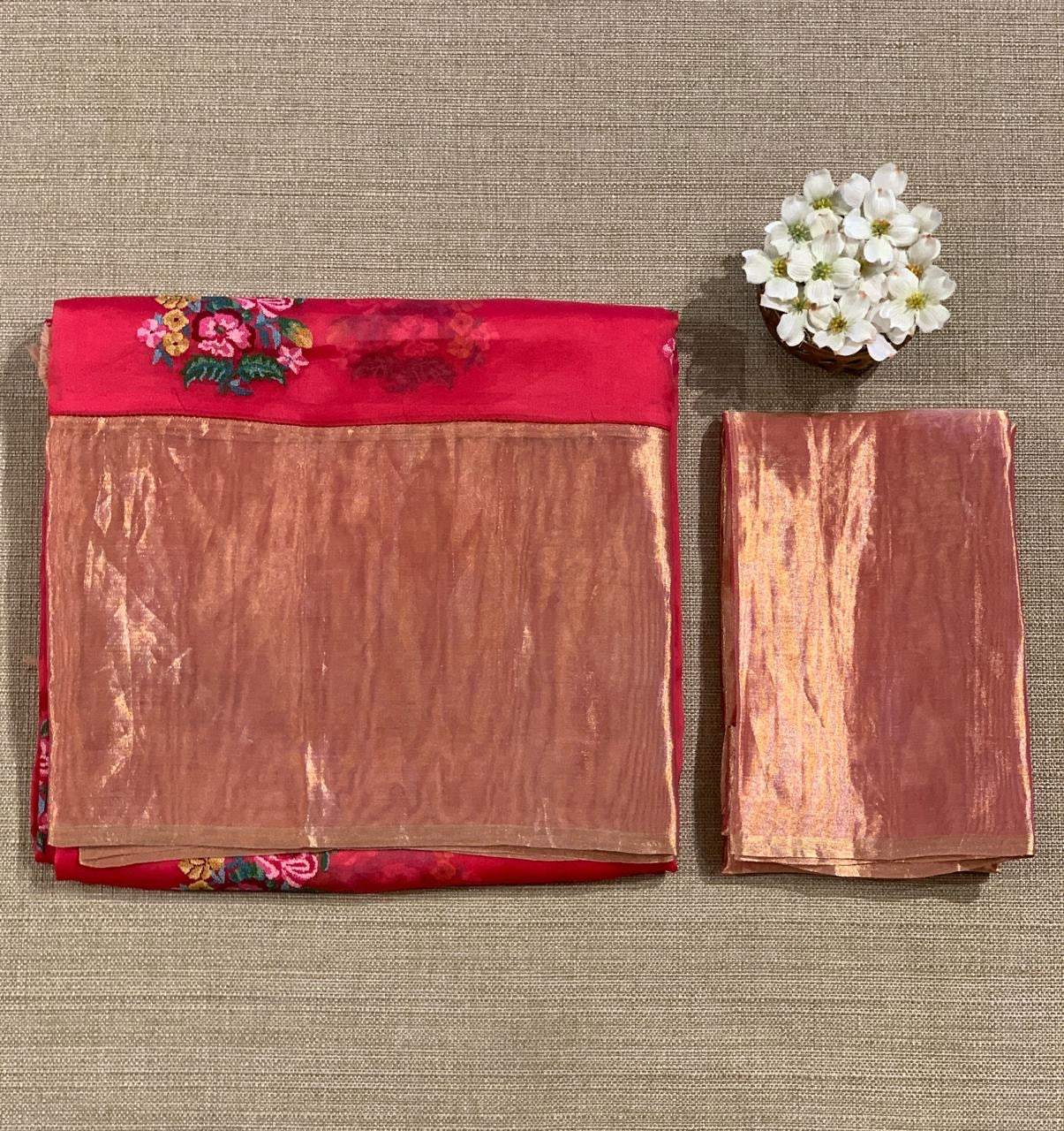 Pinkish Red Organza Saree with pure Tissue Border