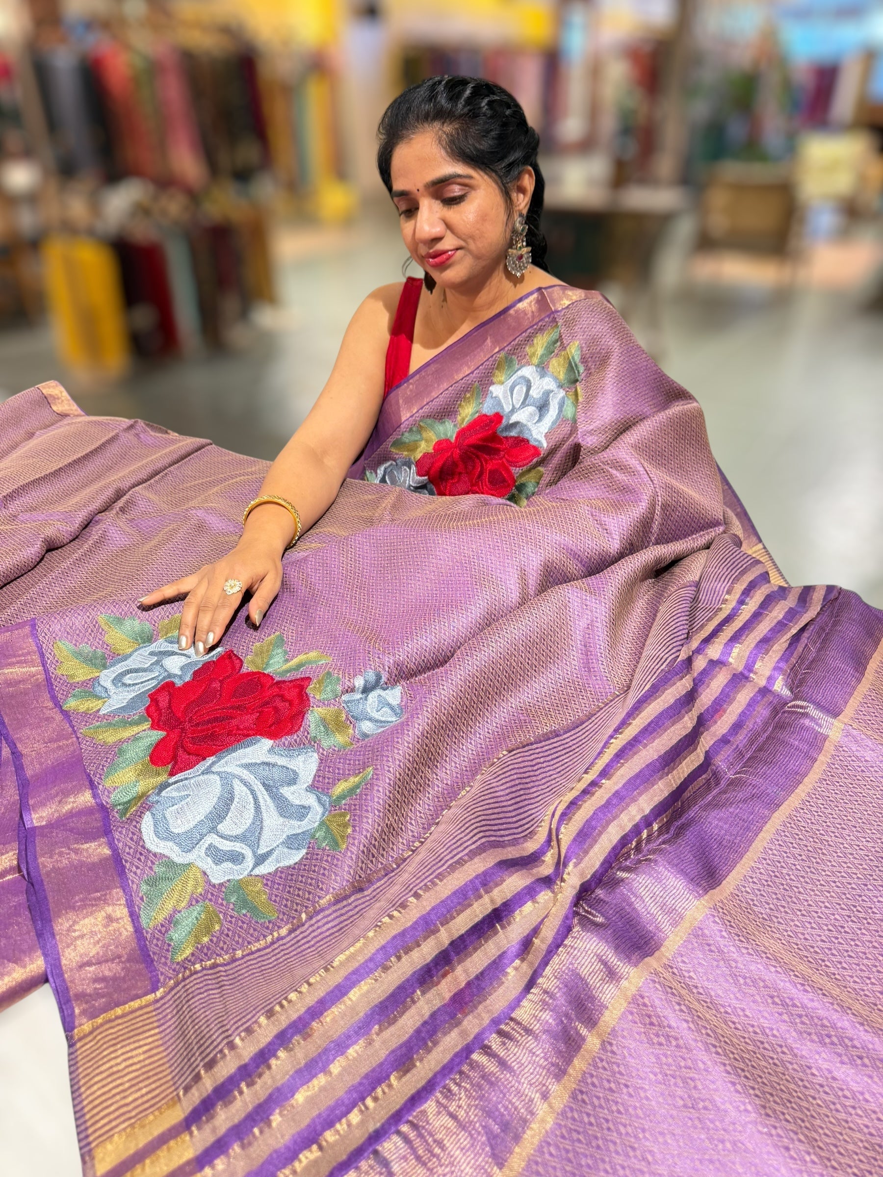 Brinjal Tussar Brocade Saree With Statement Red Rose Embroidery.