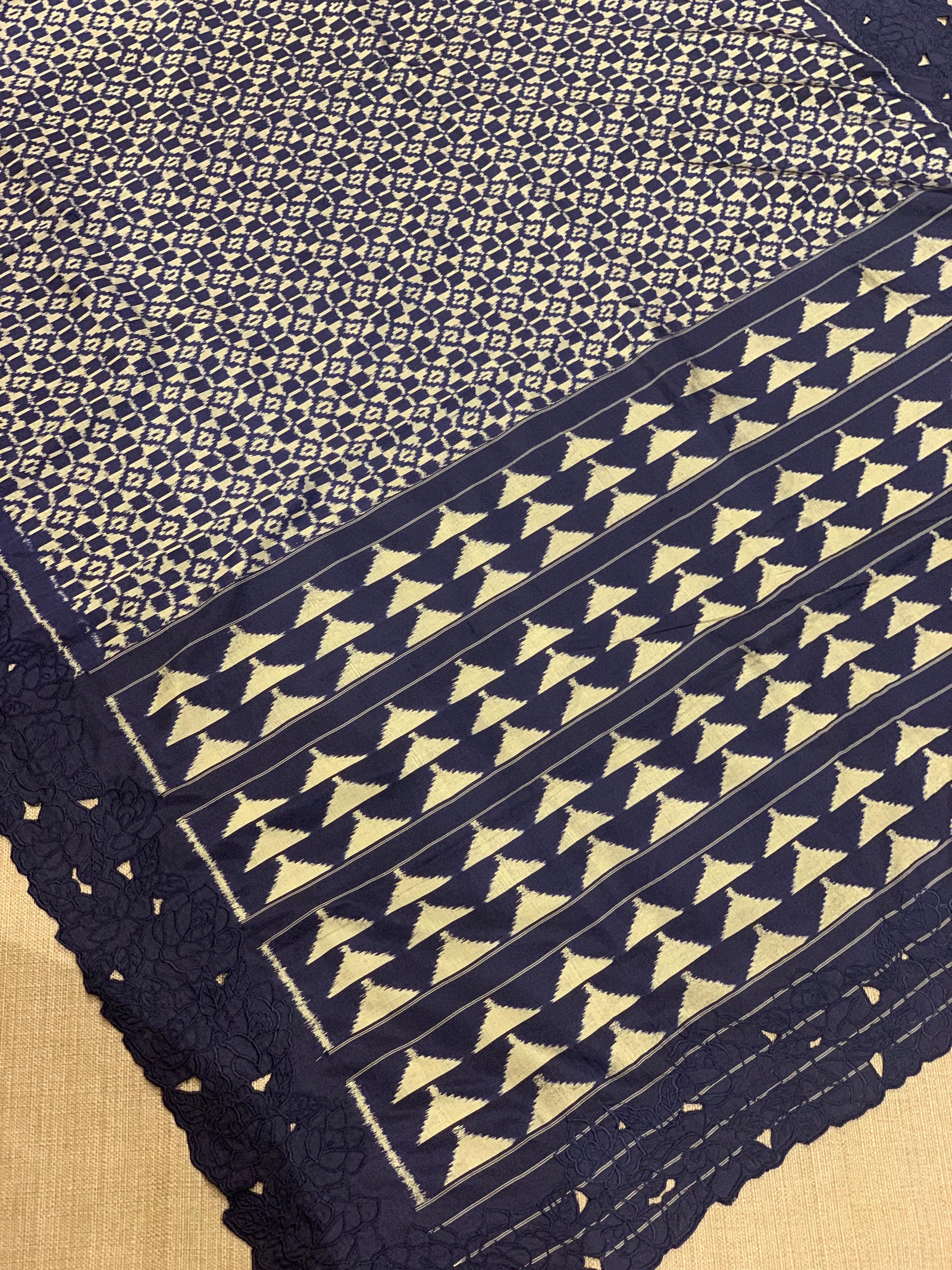 Midnight Blue Cambodian–inspired Ikkat Silk Saree with cutwork Rose Border