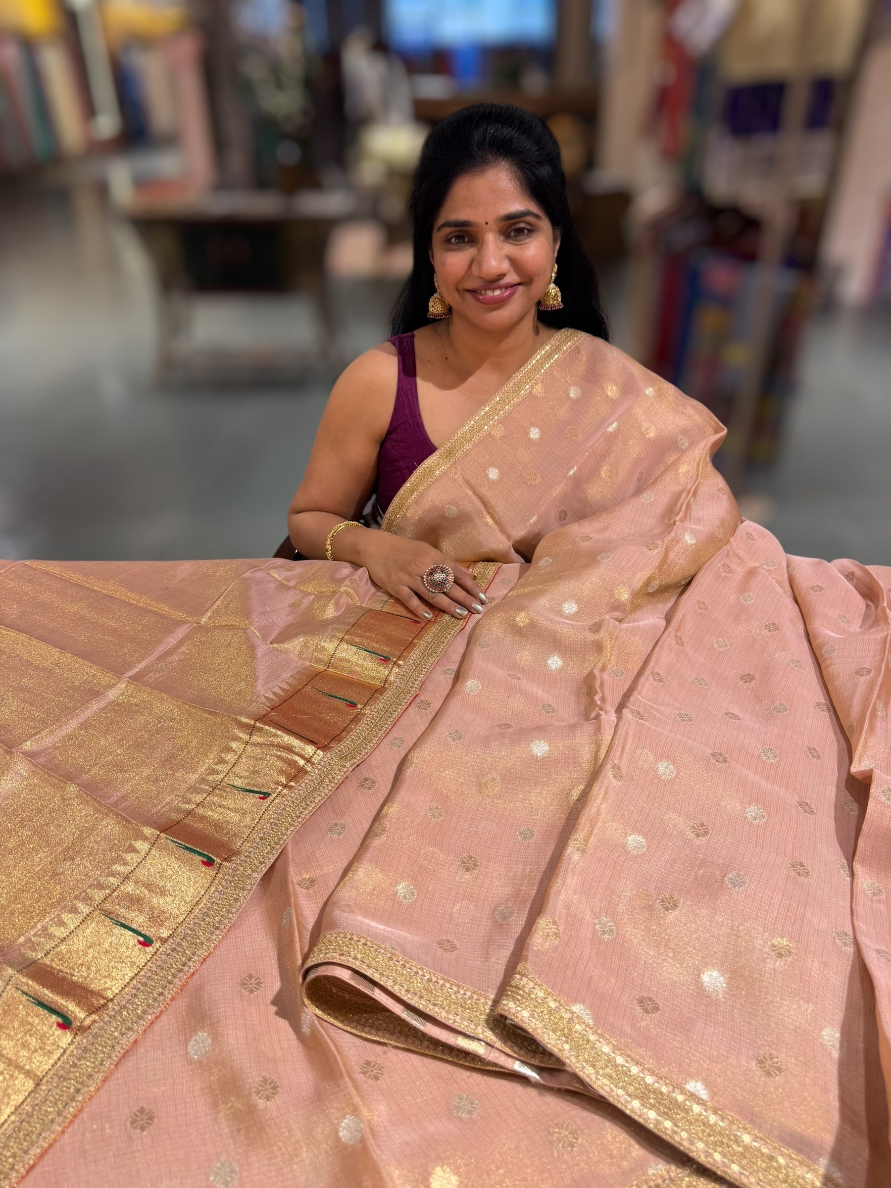 Nude Pink tissue Kota saree with sabyasachi borders and fancy Pythani tissue blosue