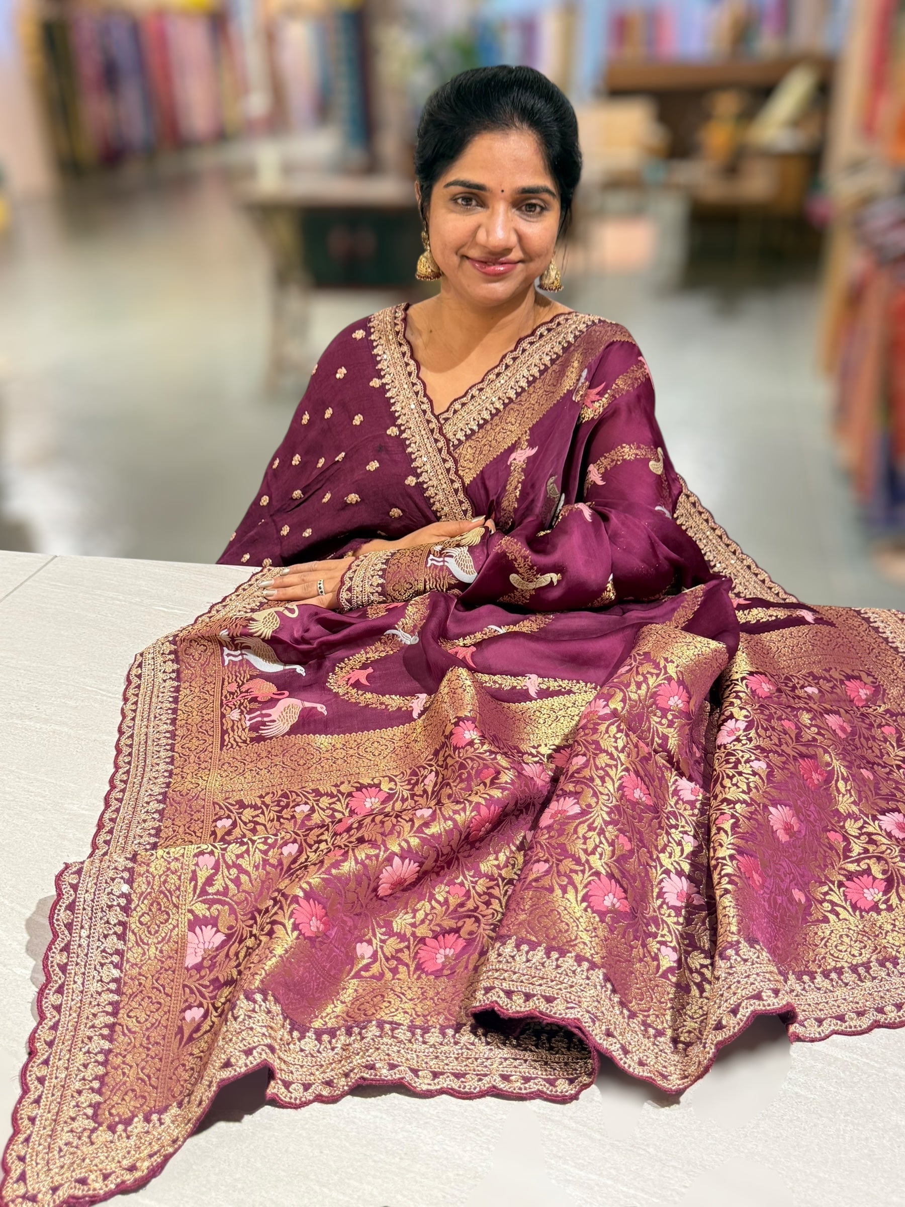 Wine Mashru Silk Saree with allover weaving and Sahbysachi borders and Blouse