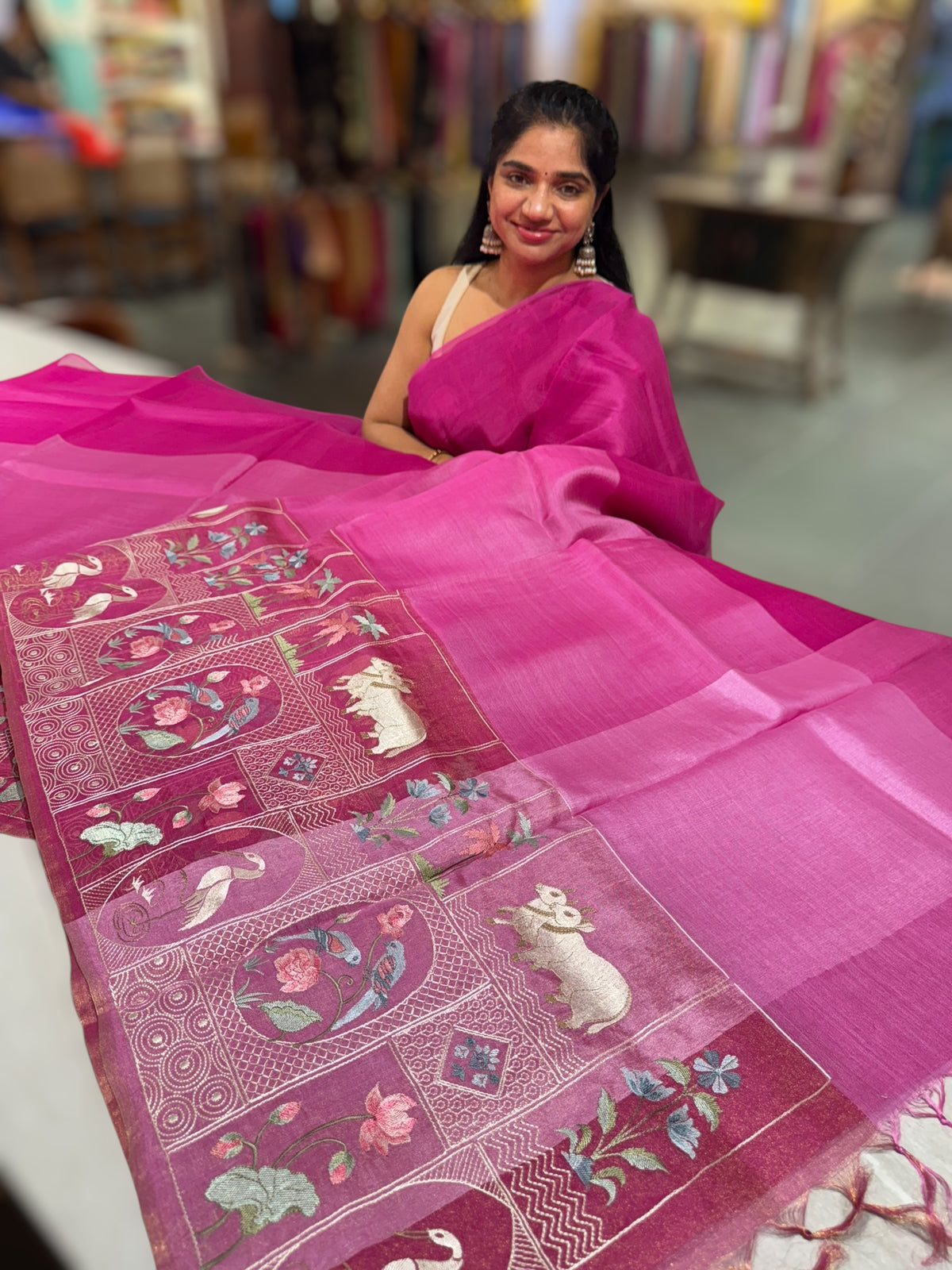 Majenta Pink Kora-Tussar blend Handloom Saree with Tissue embroidered Skirt Border