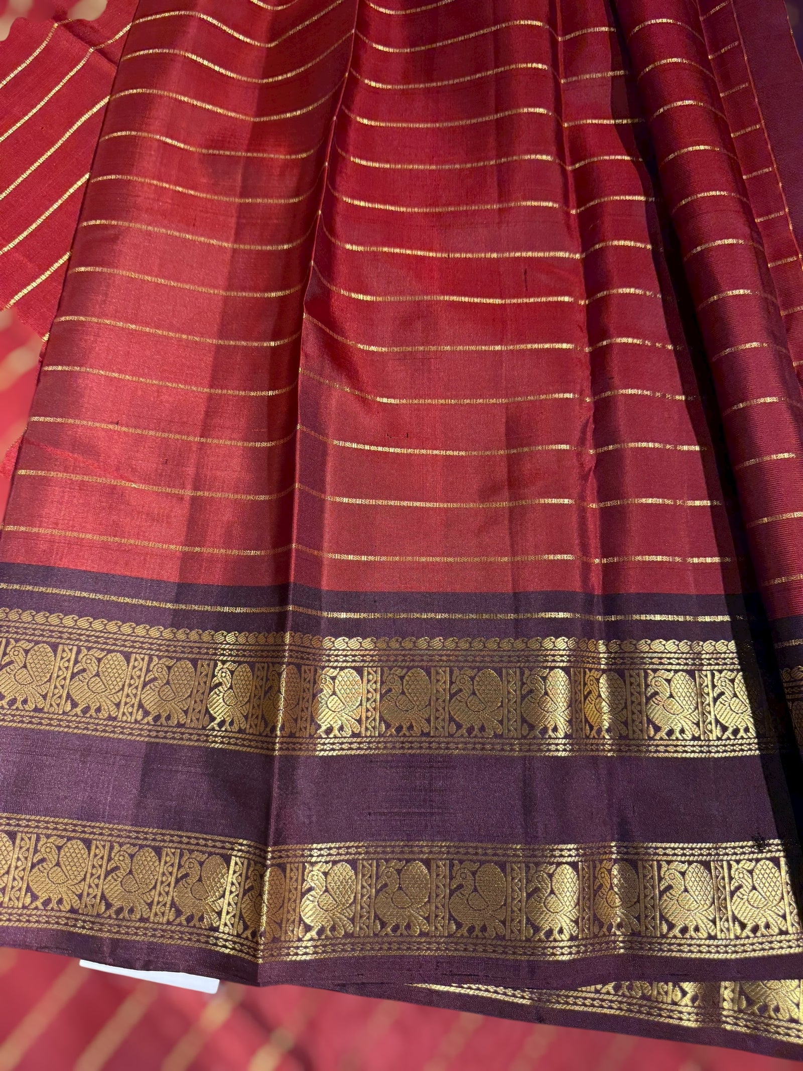 Dark Rust Kanchipuram Vintage striped Saree with gap borders