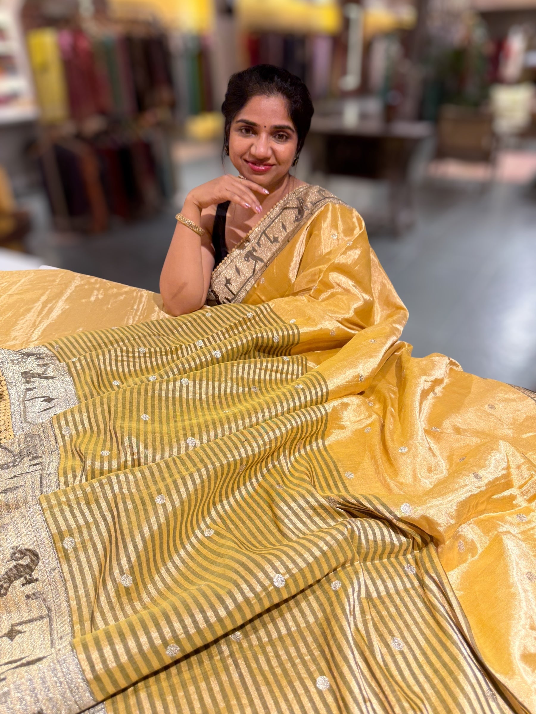Golden Yellow kanchi Tissue saree with paithani inspired embroidery