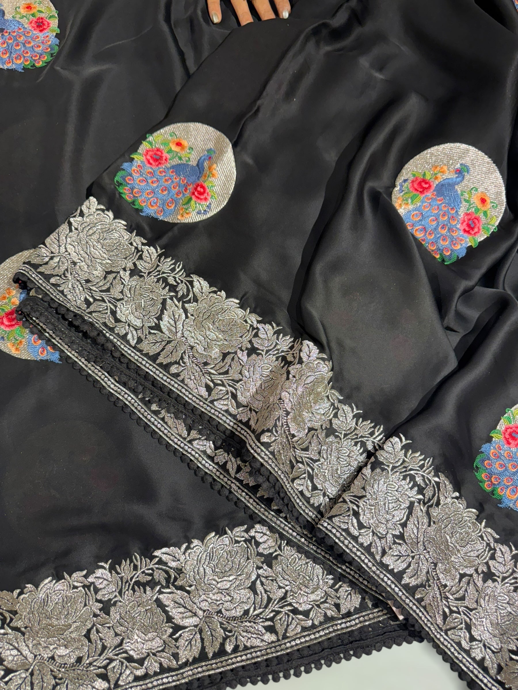 Black Designer Satin Saree with stunning embroidered border & motifs