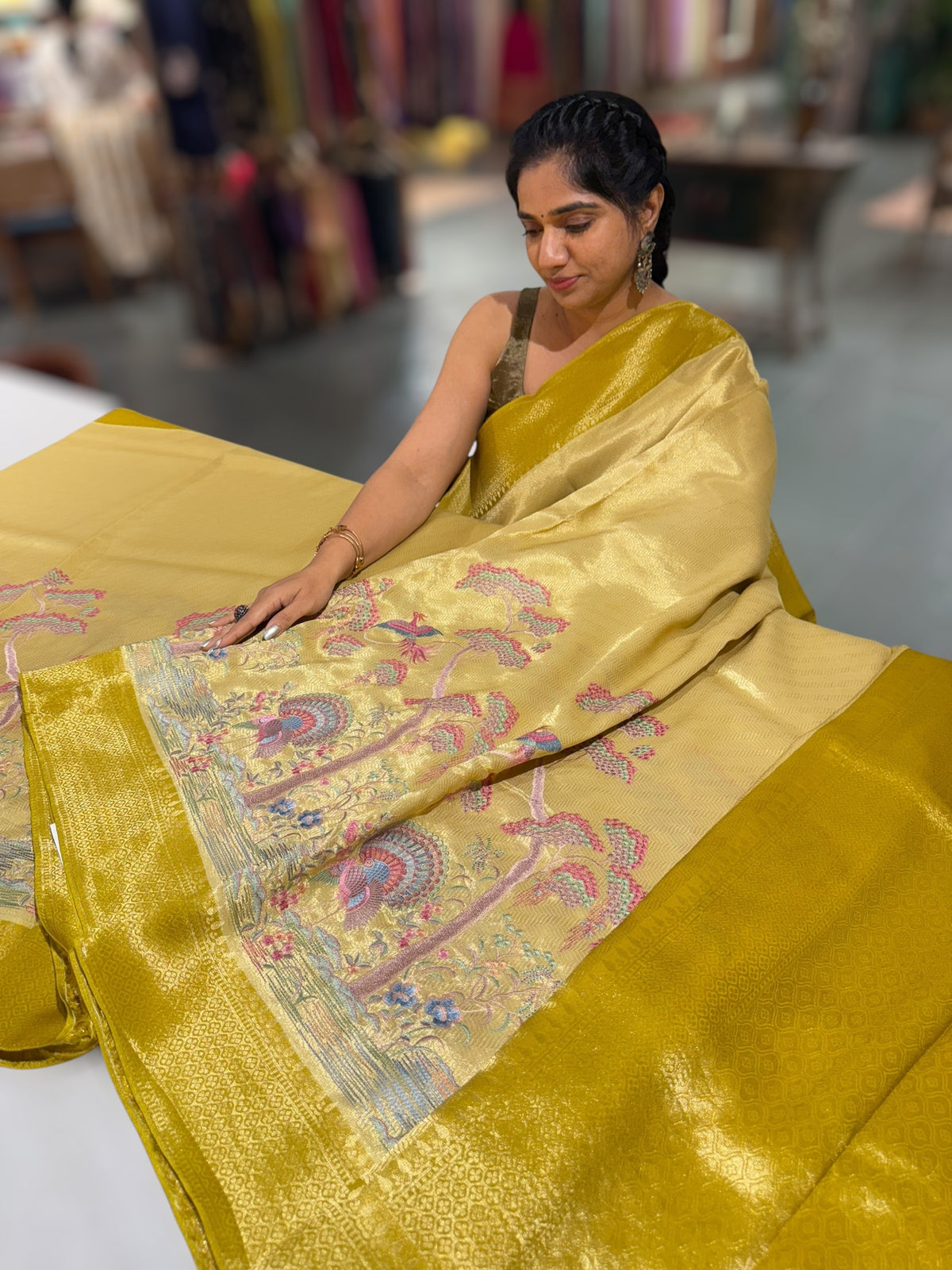 Yellow Banarasi Tonchoi Brocade Saree with Parsi Gara style embroidery