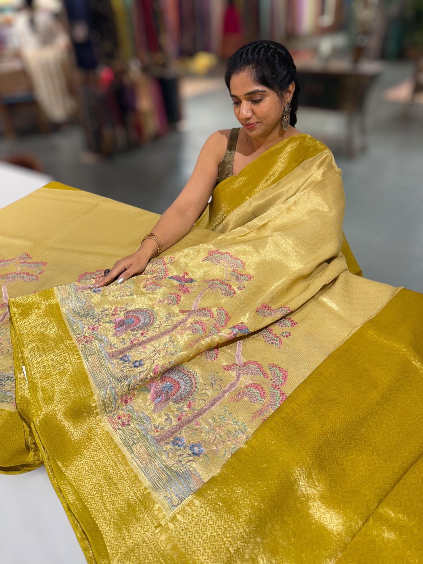 Yellow Banarasi Tonchoi Brocade Saree with Parsi Gara style embroidery
