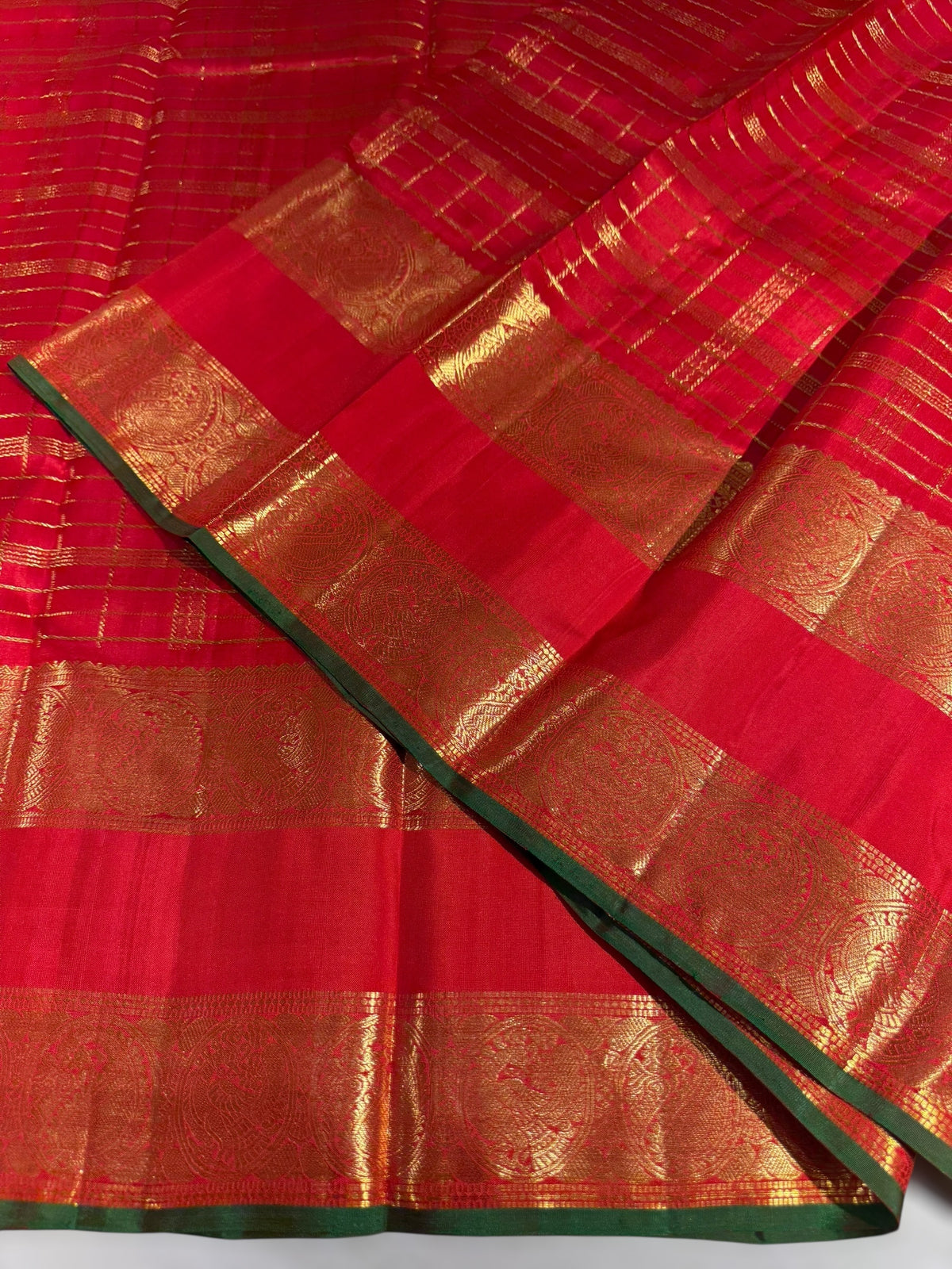 Chilli Red Vintage Checks Kanjeevaram Saree