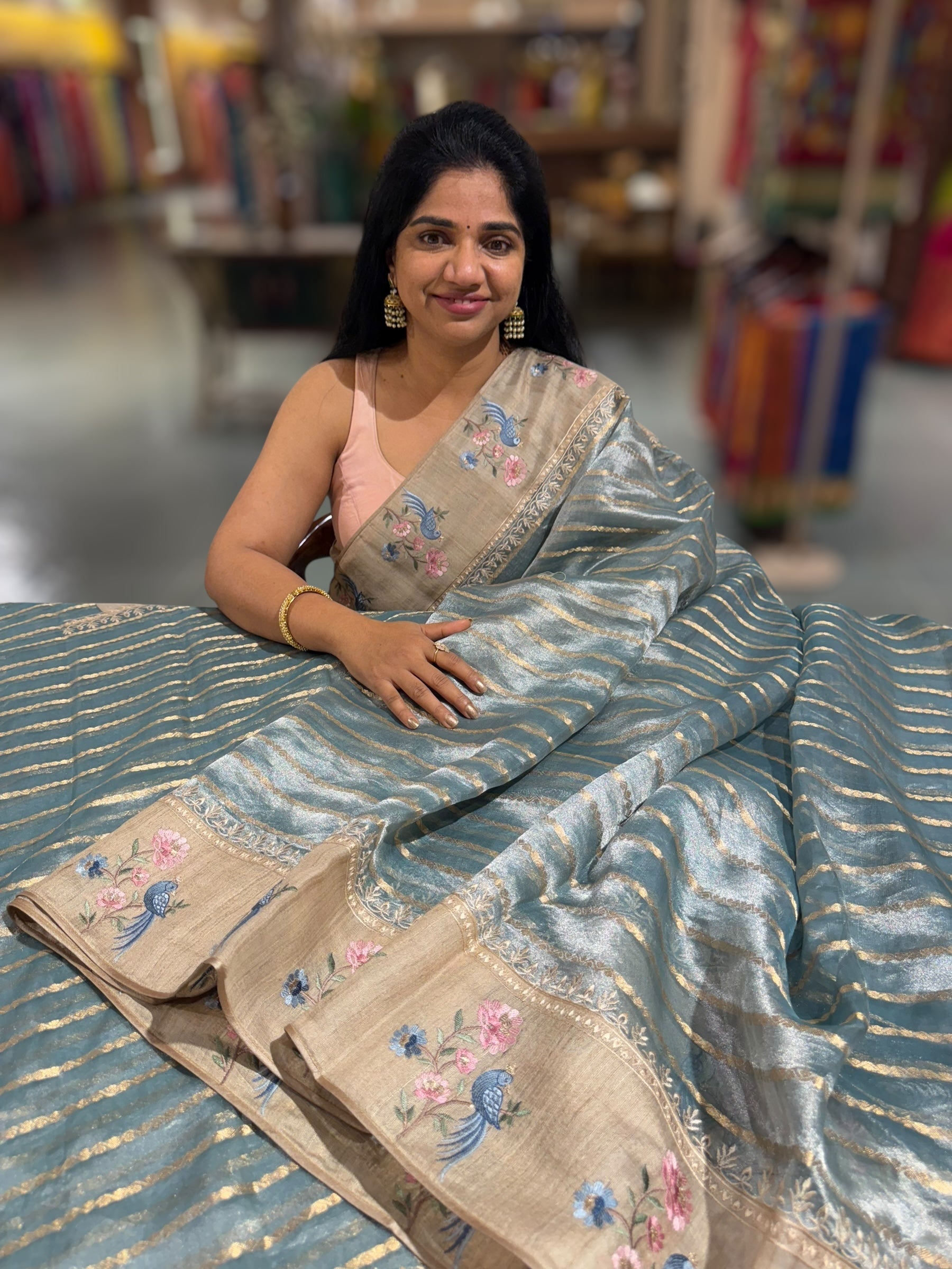 Dusty Blue Pure Handloom Tissue Saree with pure Tussar embroidered border