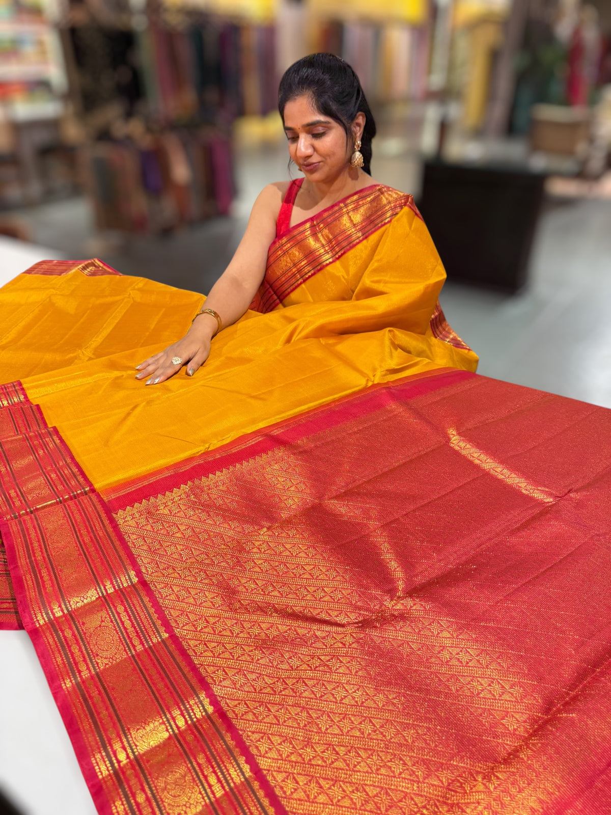 Mustard & Pinkish Red combo Vaira Oosi Stripes Vintage Kanjeevaram Saree