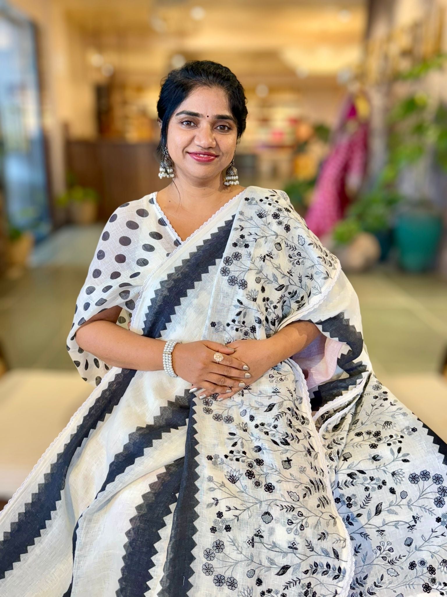 Black &White Lenin Saree With Embroidered Skirt Border
