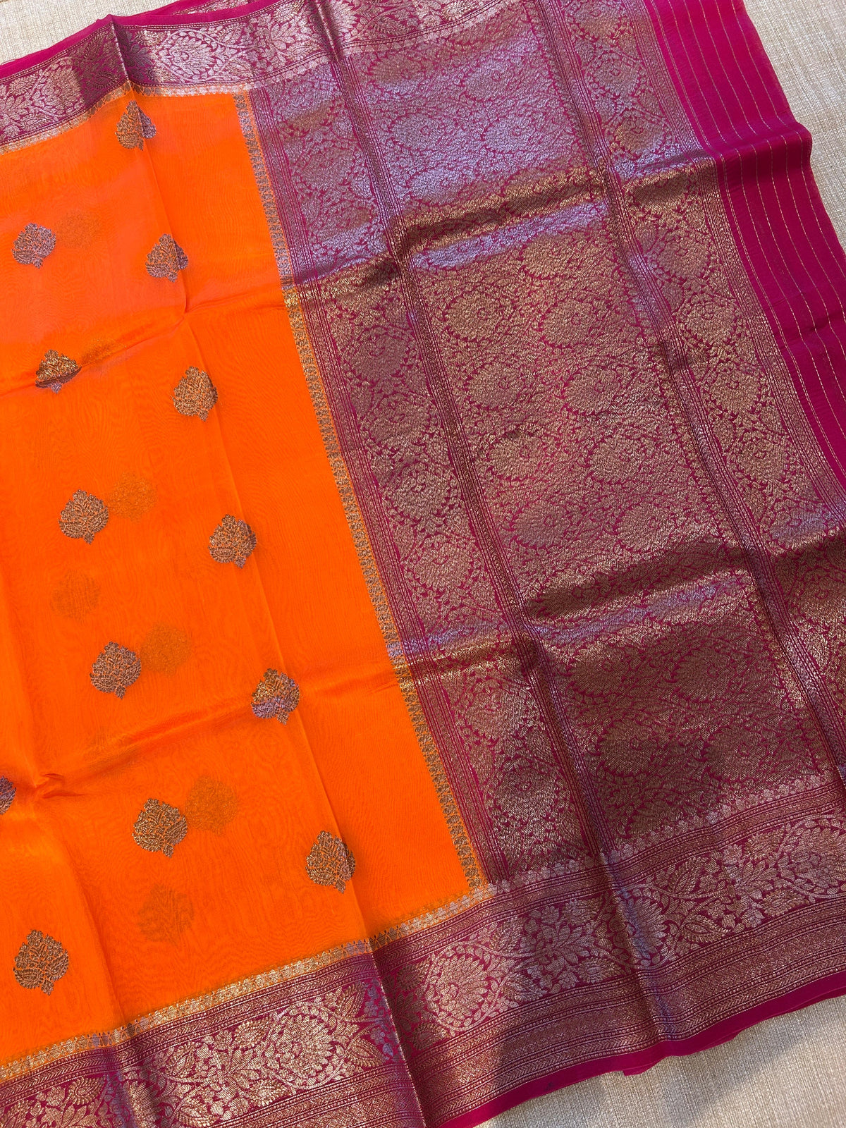 Orange and pink Combo Pure Handloom premium Kora Banarasi Saree