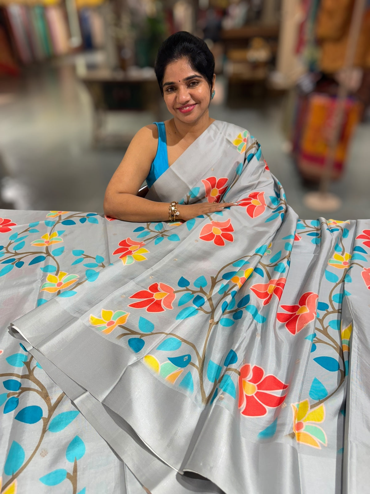 Light Grey Kanchi Soft Silk Saree with ajamdani inspired print