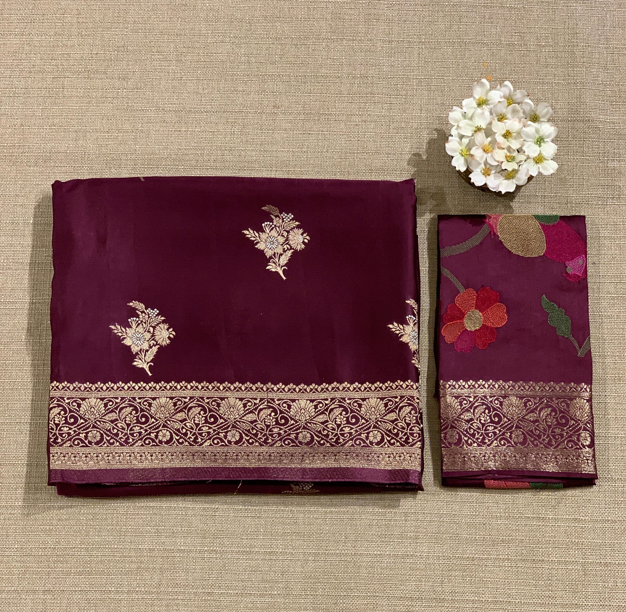 Wine Mashru Silk Saree with Paithani inspired embroidered blouse